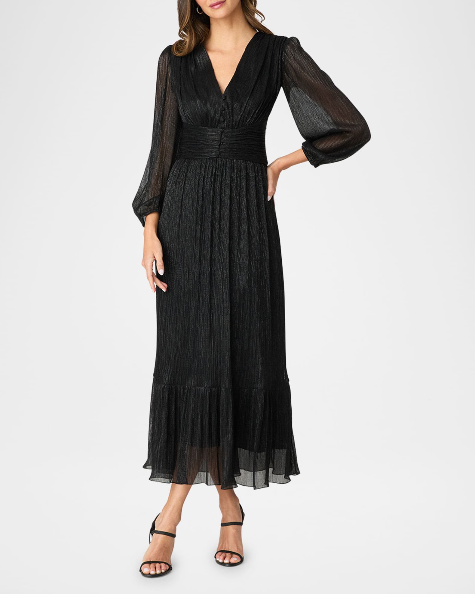 Clara Blouson-Sleeve Metallic Empire Midi Dress 1