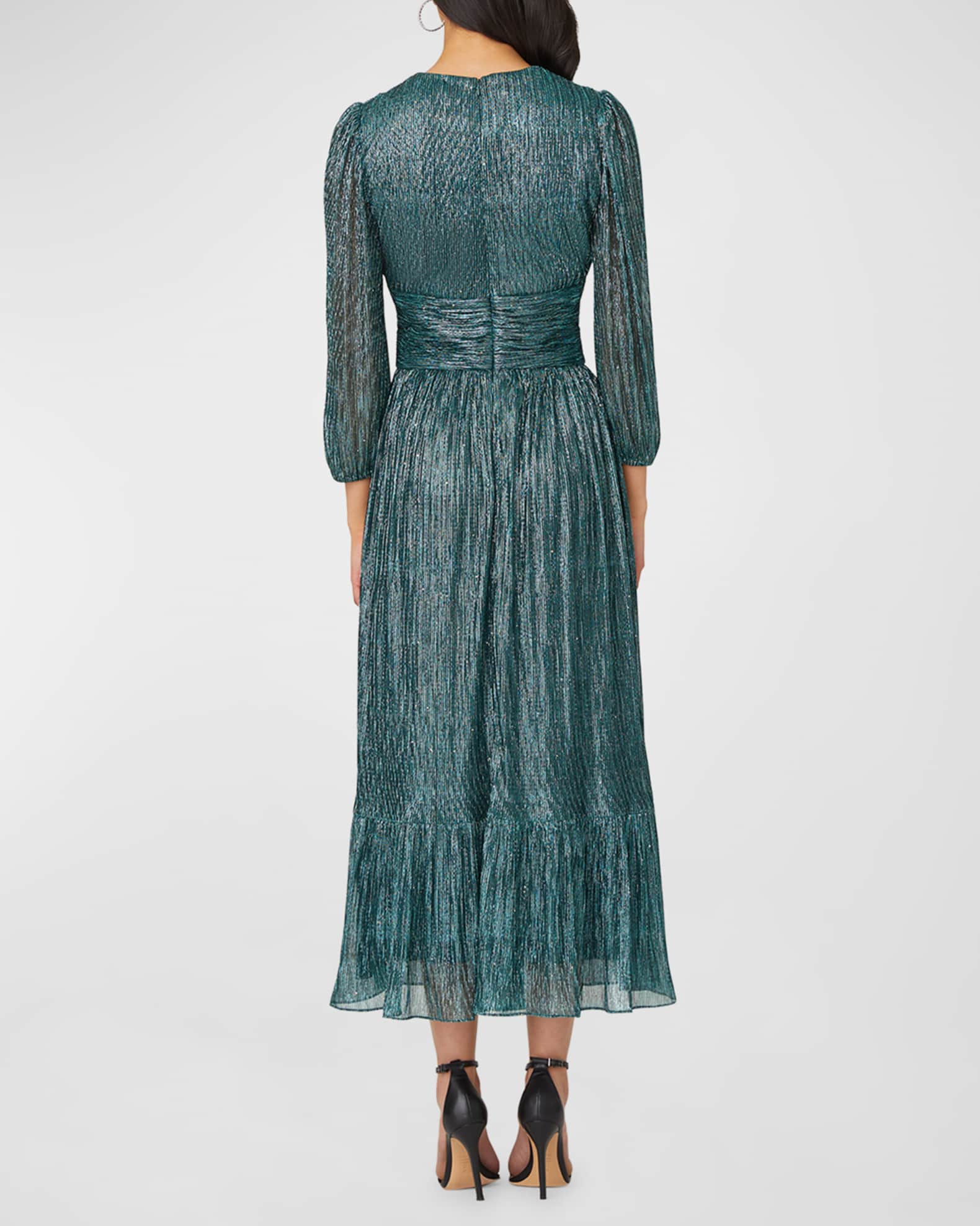 Shoshanna Clara Blouson-Sleeve Metallic Empire Midi Dress | Neiman Marcus