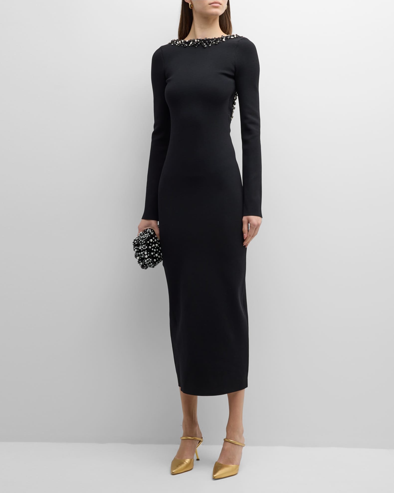 Elenora Black Sheer Embellished Bodycon Long-Sleeve Maxi Dress