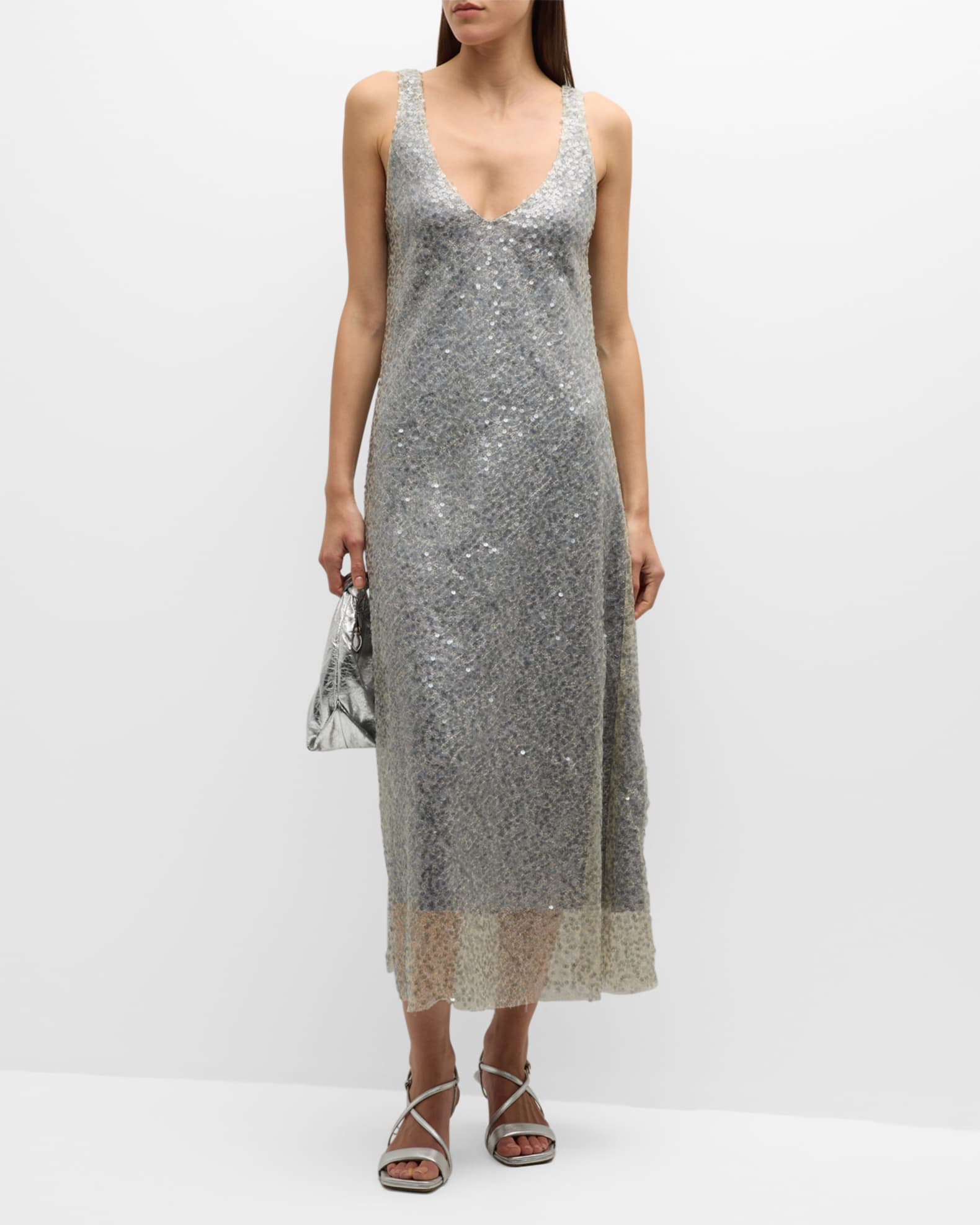 HOT* Louis Vuitton Silver Sequin Long V-Neck Embroidered Dress