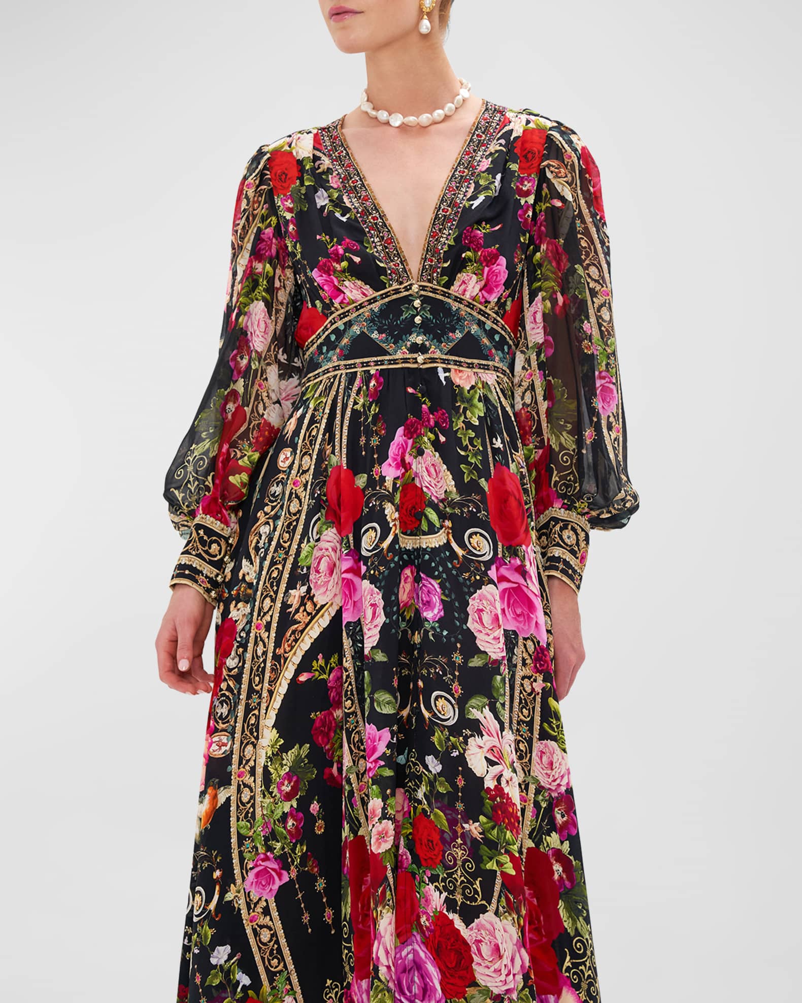 Camilla Shaped Waistband Silk Dress with Gathered Sleeves | Neiman Marcus