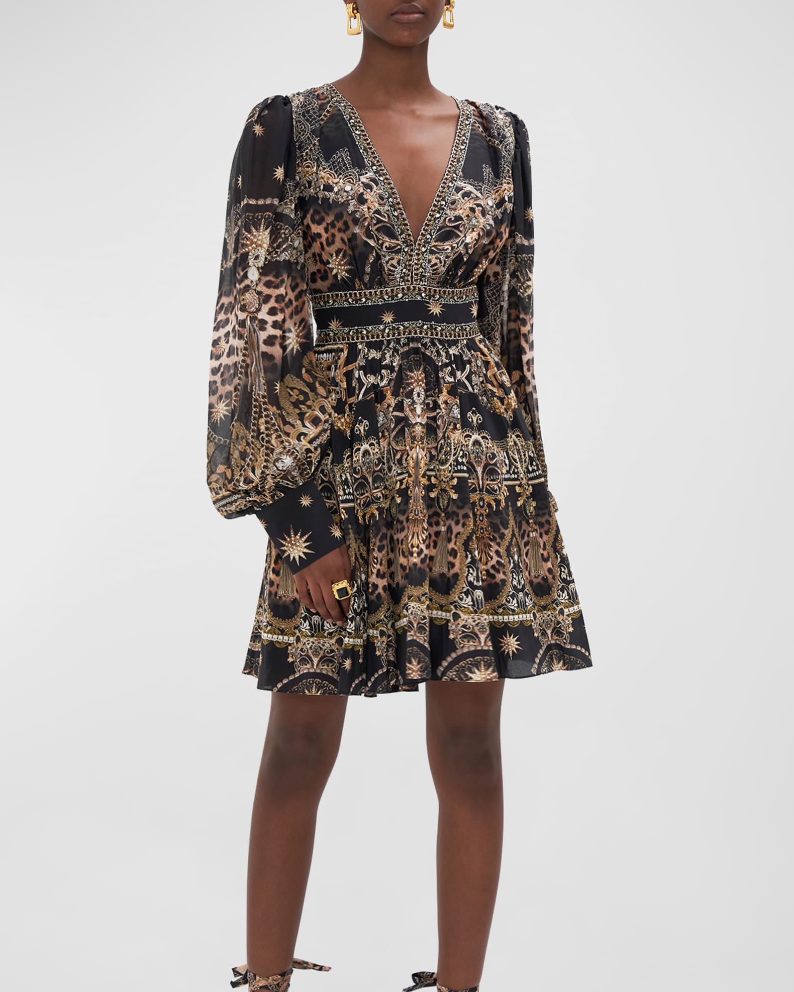 Camilla Short Printed Silk Dress with Ruched Waistband | Neiman Marcus