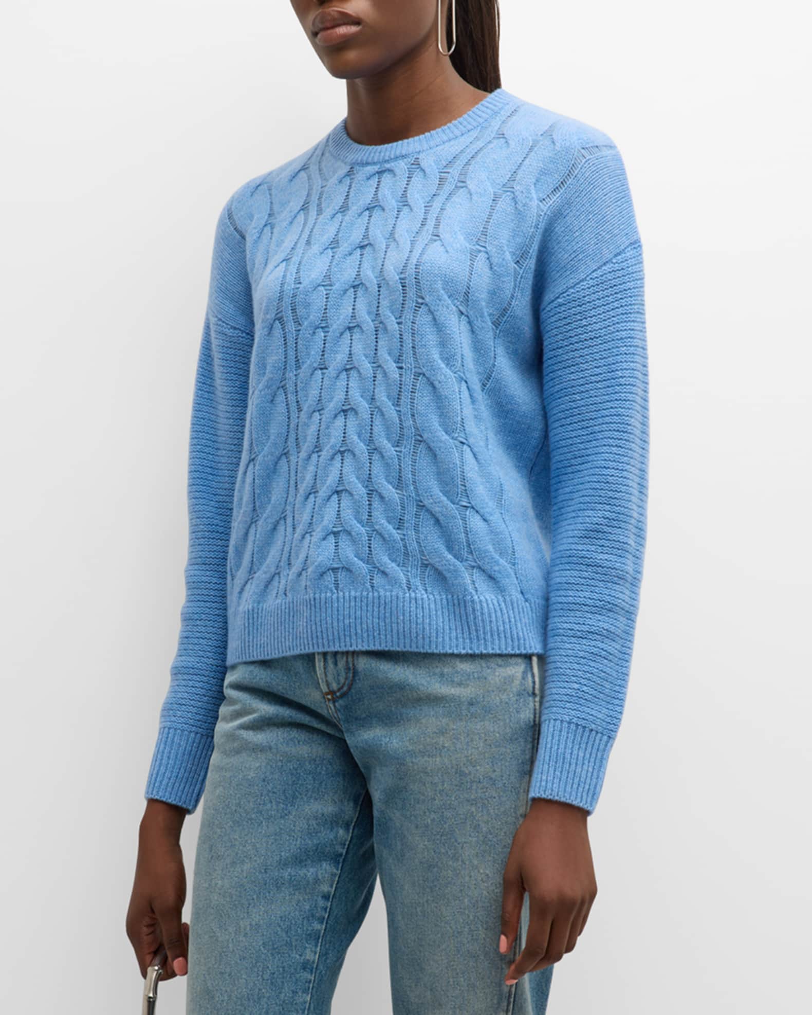Autumn Cashmere Cashmere Cable-Knit Crewneck Sweater, Sapphire, Women's, S, Sweaters Cashmere Sweaters