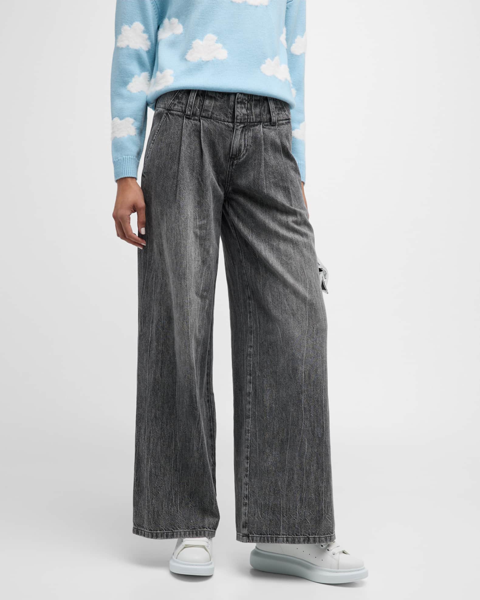 Alice + Olivia Anders Low-Rise Pleated Wide-Leg Jeans | Neiman Marcus