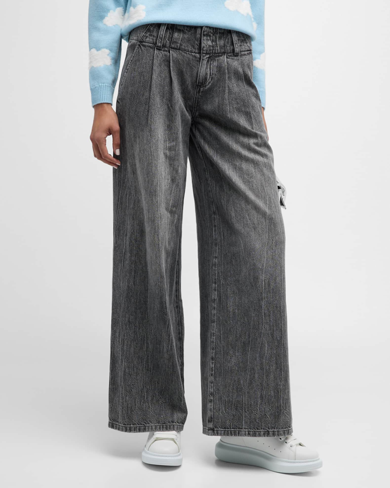 Alice + Olivia Anders Low-Rise Pleated Wide-Leg Jeans | Neiman Marcus