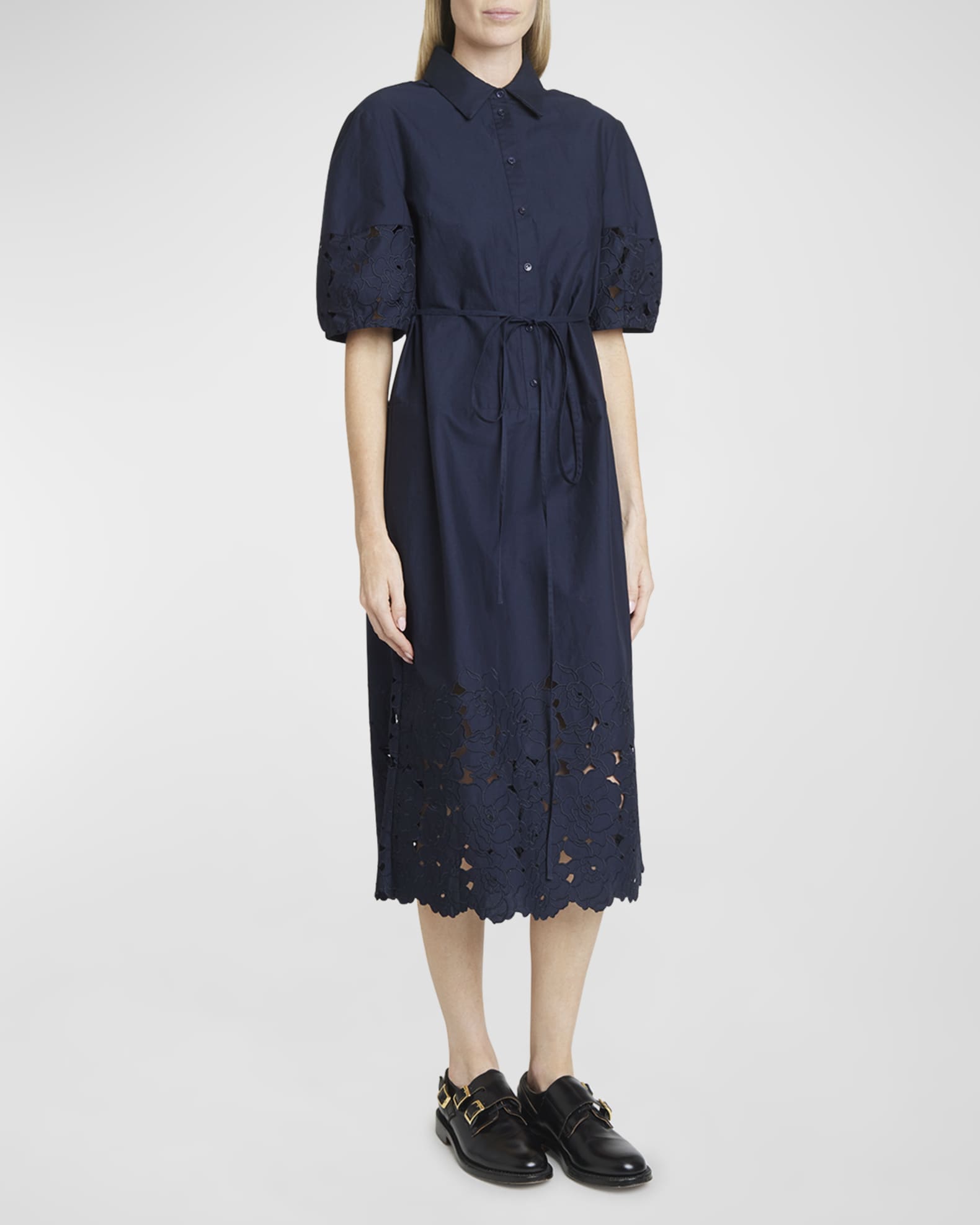Erdem Floral Embroidered Cutout Puff Sleeve Midi Shirtdress Blue Women s 10 Casual Work Dresses Shirtdresses Button Down Shirt Dresses