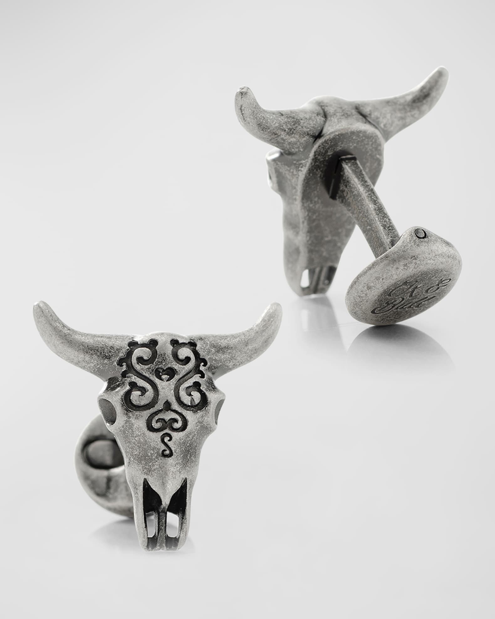 Cufflinks Inc. Men's Antique Stainless Steel Carved Cow's Skull Cufflinks