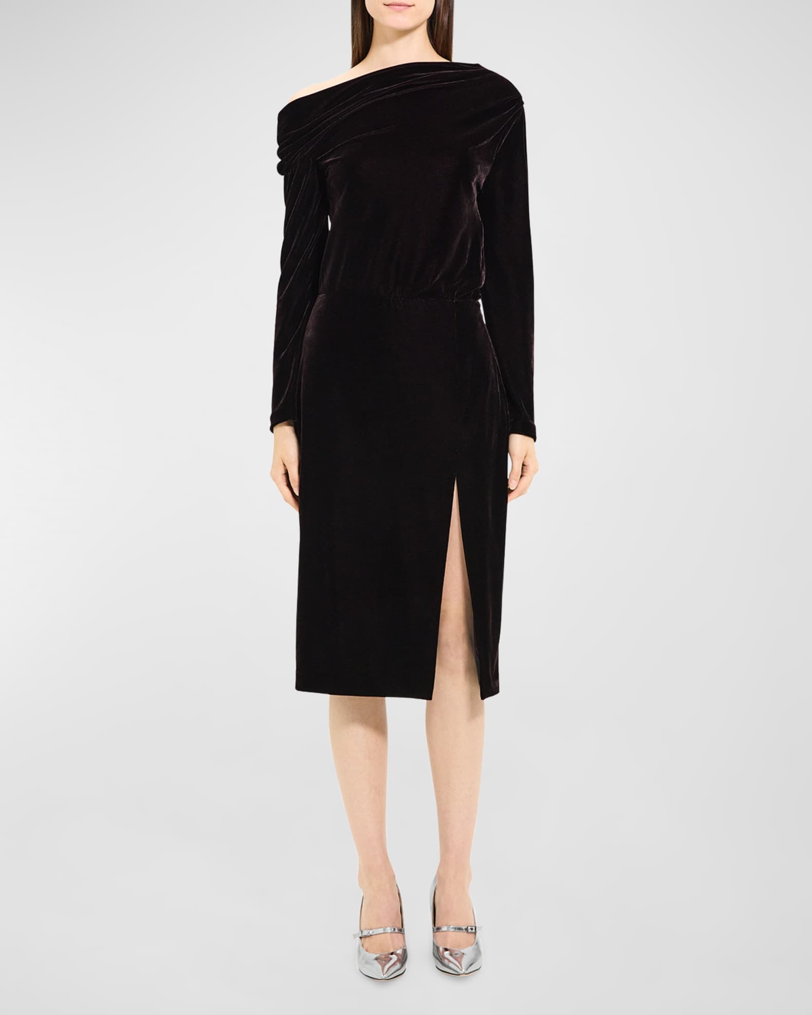 Theory Velvet Draped Off Shoulder Midi Dress Neiman Marcus