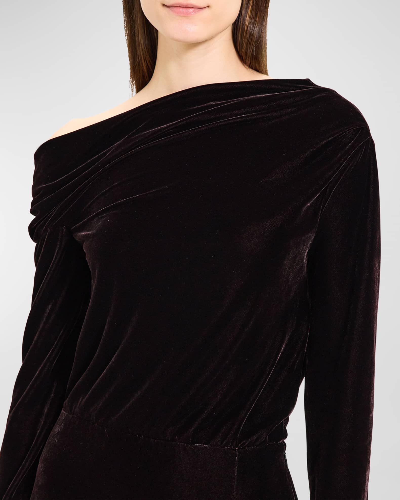 Theory Velvet Draped Off-Shoulder Midi Dress | Neiman Marcus