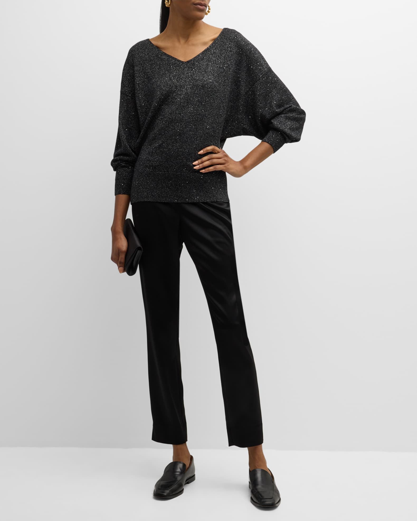Lafayette 148 New York Heathered V-Neck Sequin Sweater | Neiman Marcus