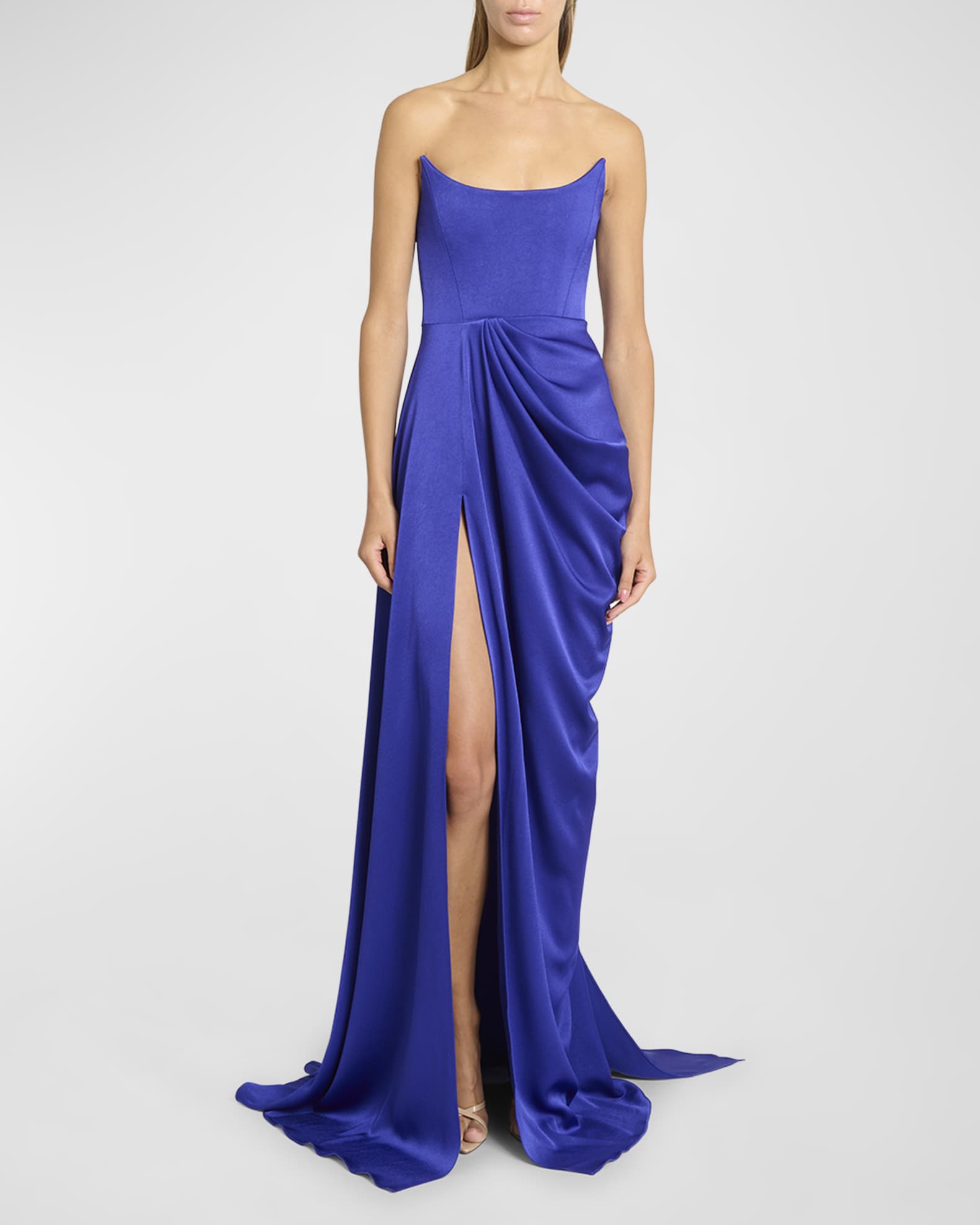 Alex Perry Curved Strapless Satin Crepe Drape Gown | Neiman Marcus