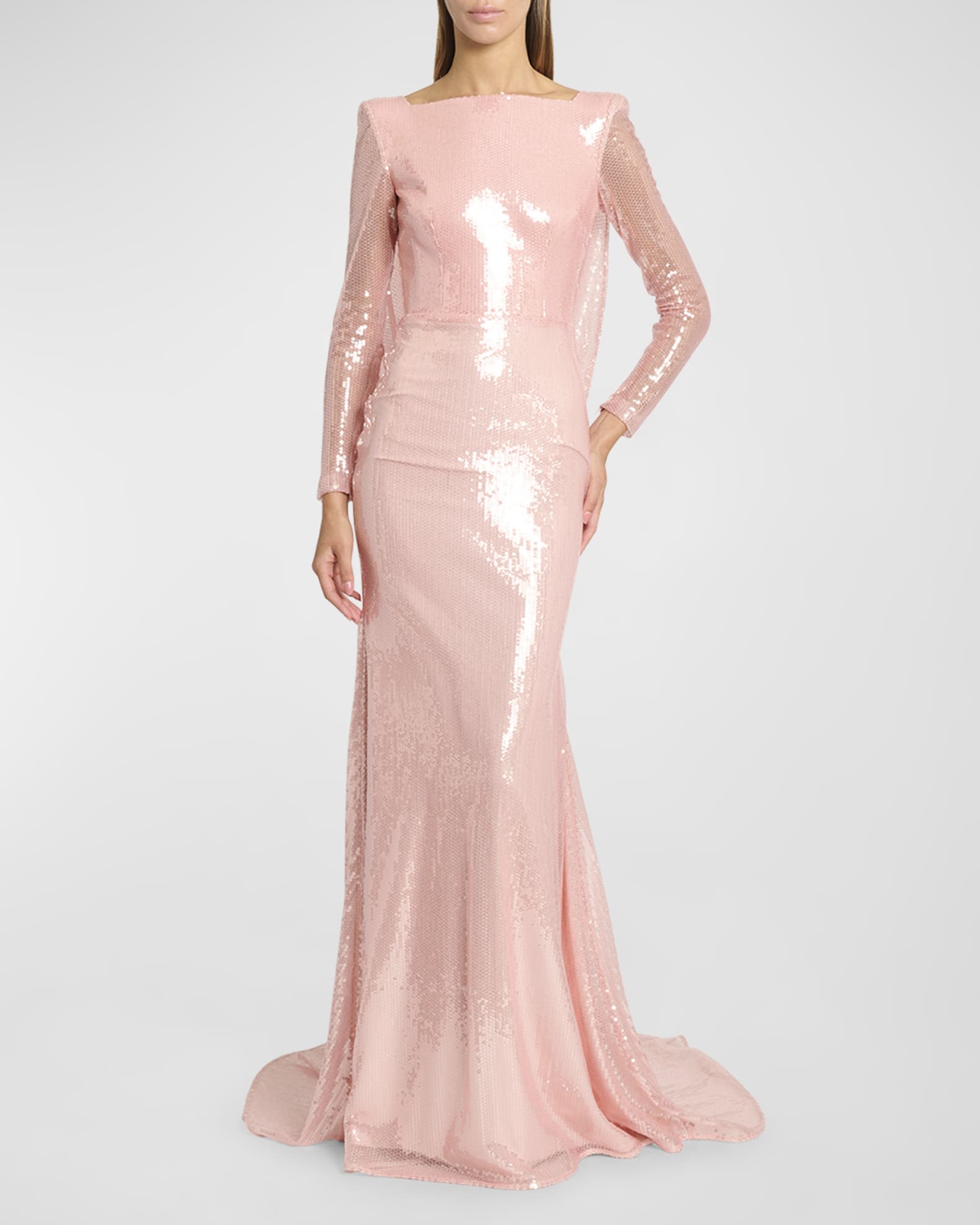 Alex Perry Sequin Long-Sleeve Strong-Shoulder Drape Trumpet Gown ...