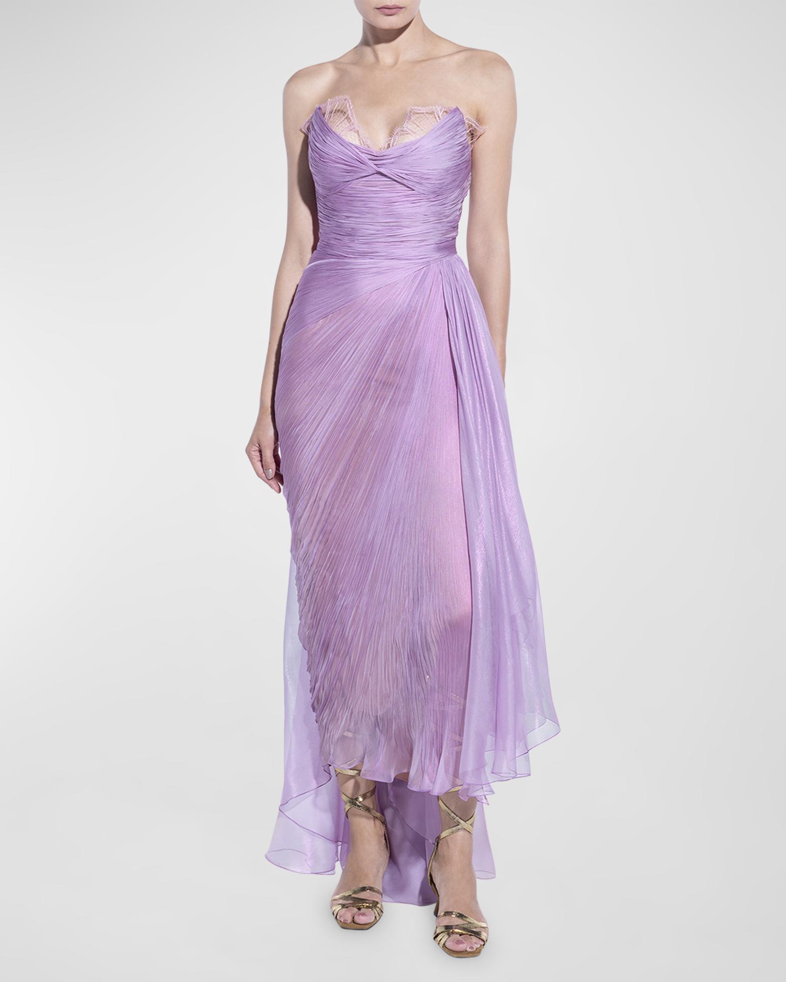 Maria Lucia Hohan Julie Lace-Trim Drape Strapless Plisse Midi Dress ...