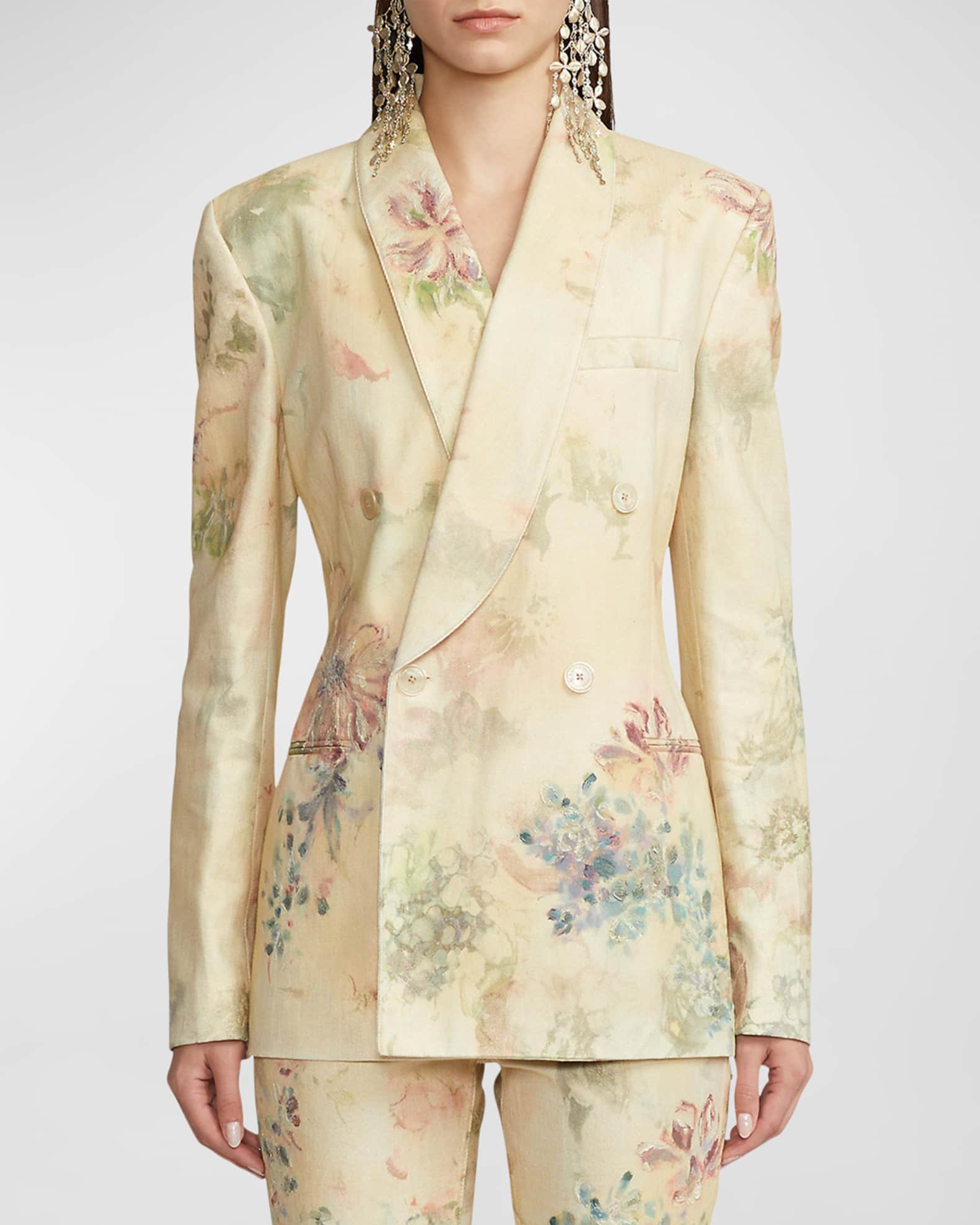 Ralph Lauren Nelson Faded Floral-Print Double-Breasted Denim Blazer Jacket