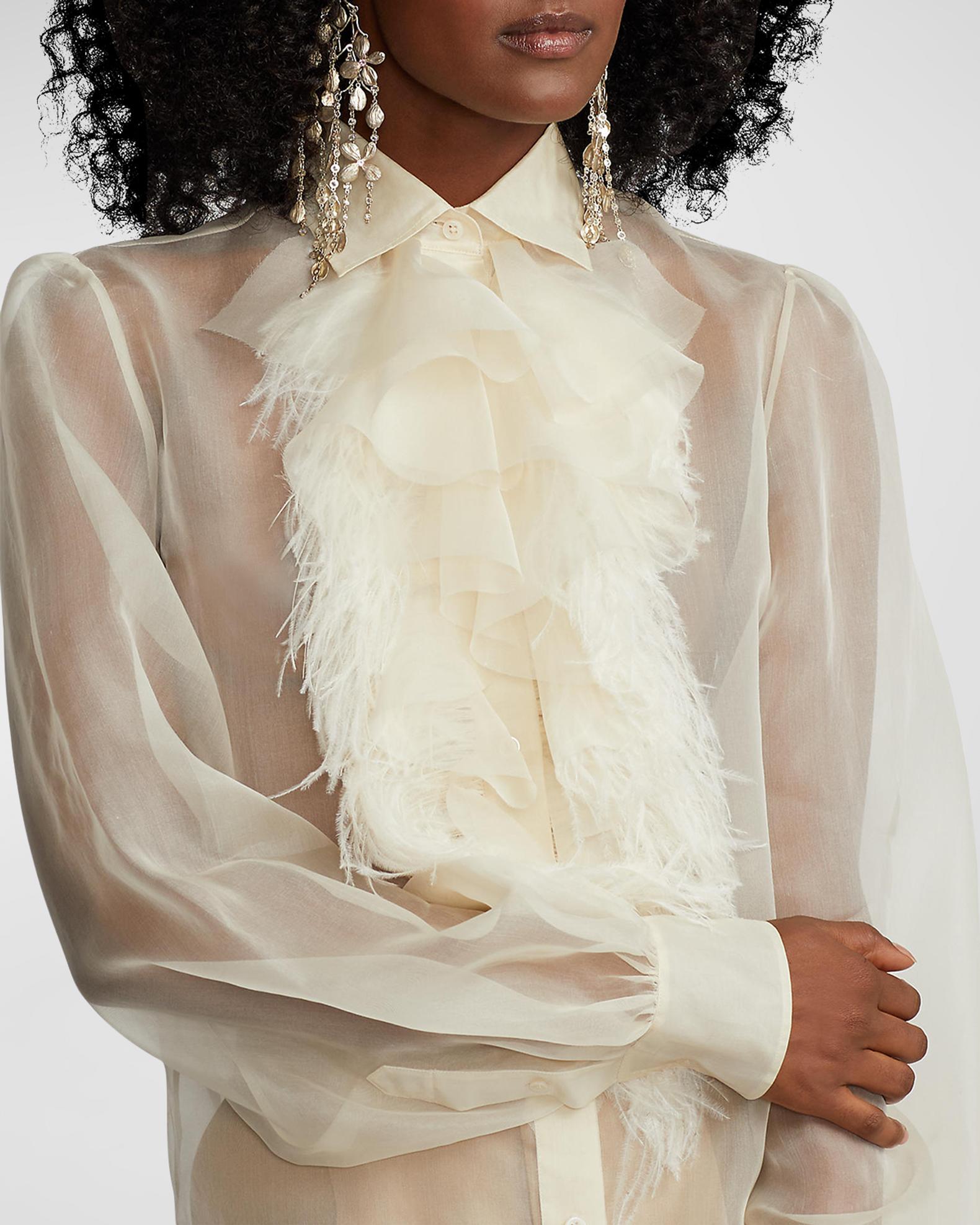 Ralph Lauren Collection Dylon Ruffle-Bib Feather-Trim Organza Collared ...