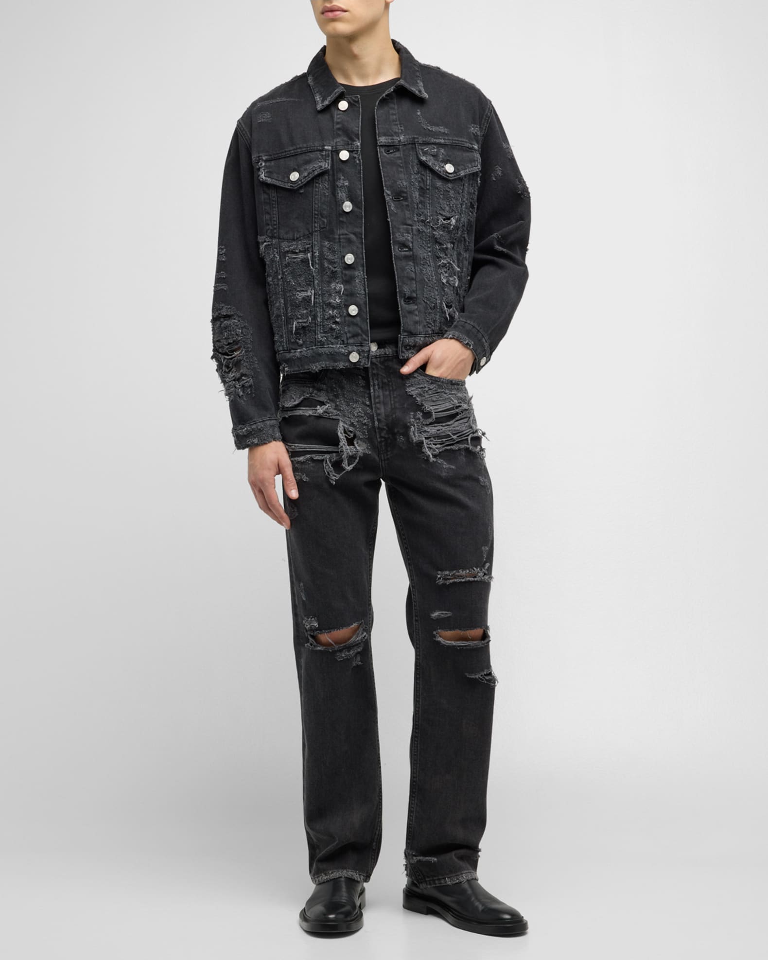 FRAME Men's Destroyed Denim Trucker Jacket | Neiman Marcus