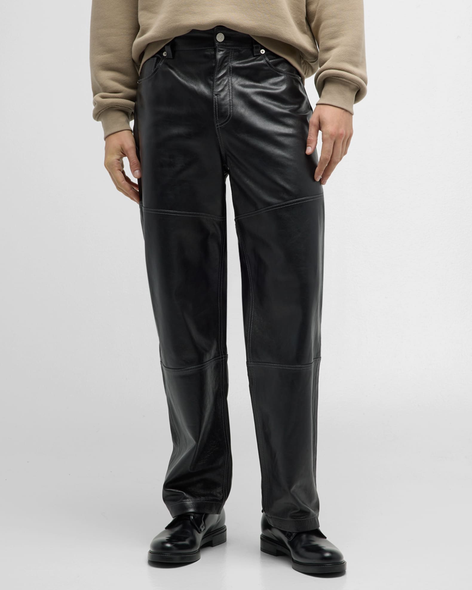 Men s Paneled Loose Fit Leather Trousers