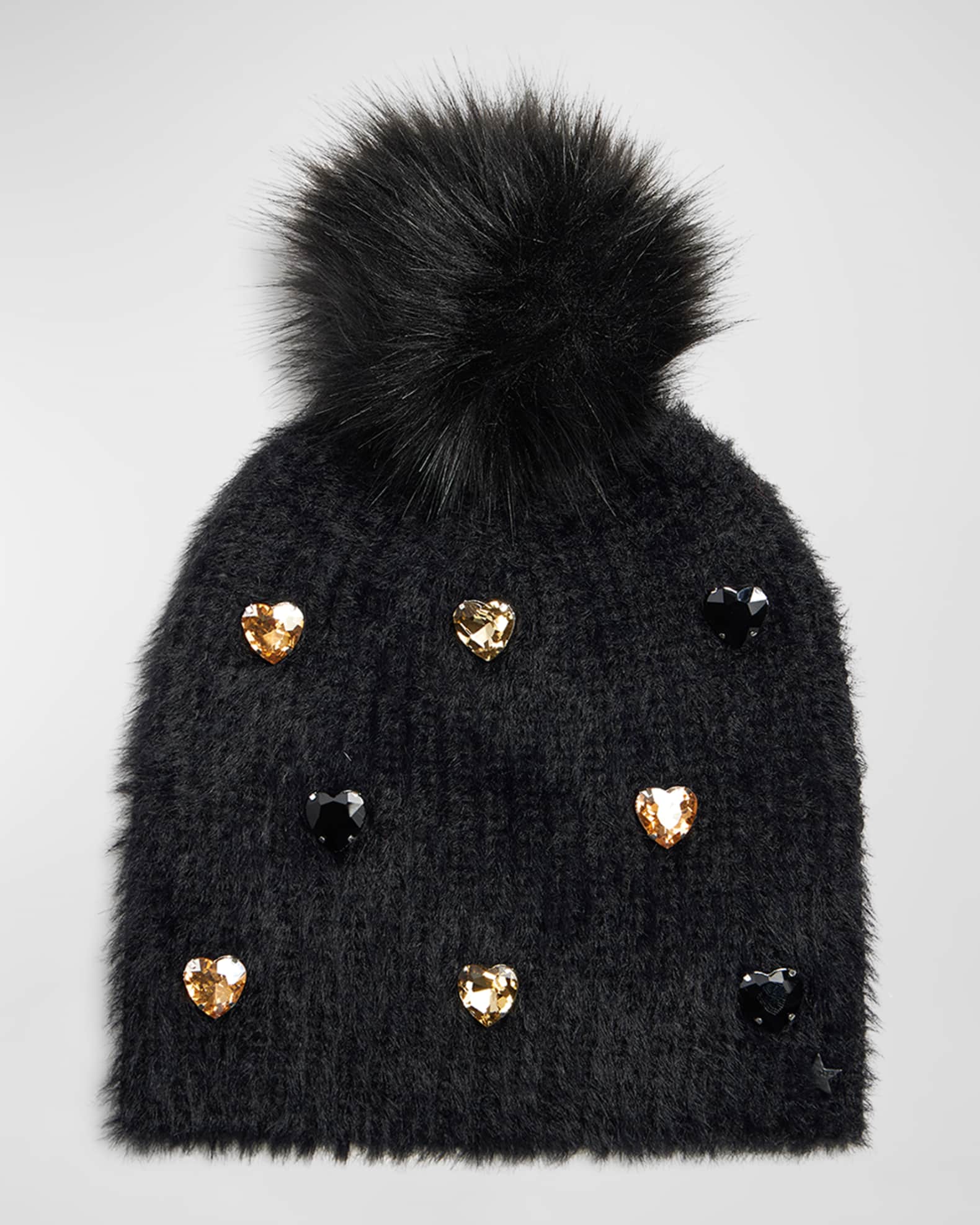 Knit Beanie with Rhinestone Hearts 0