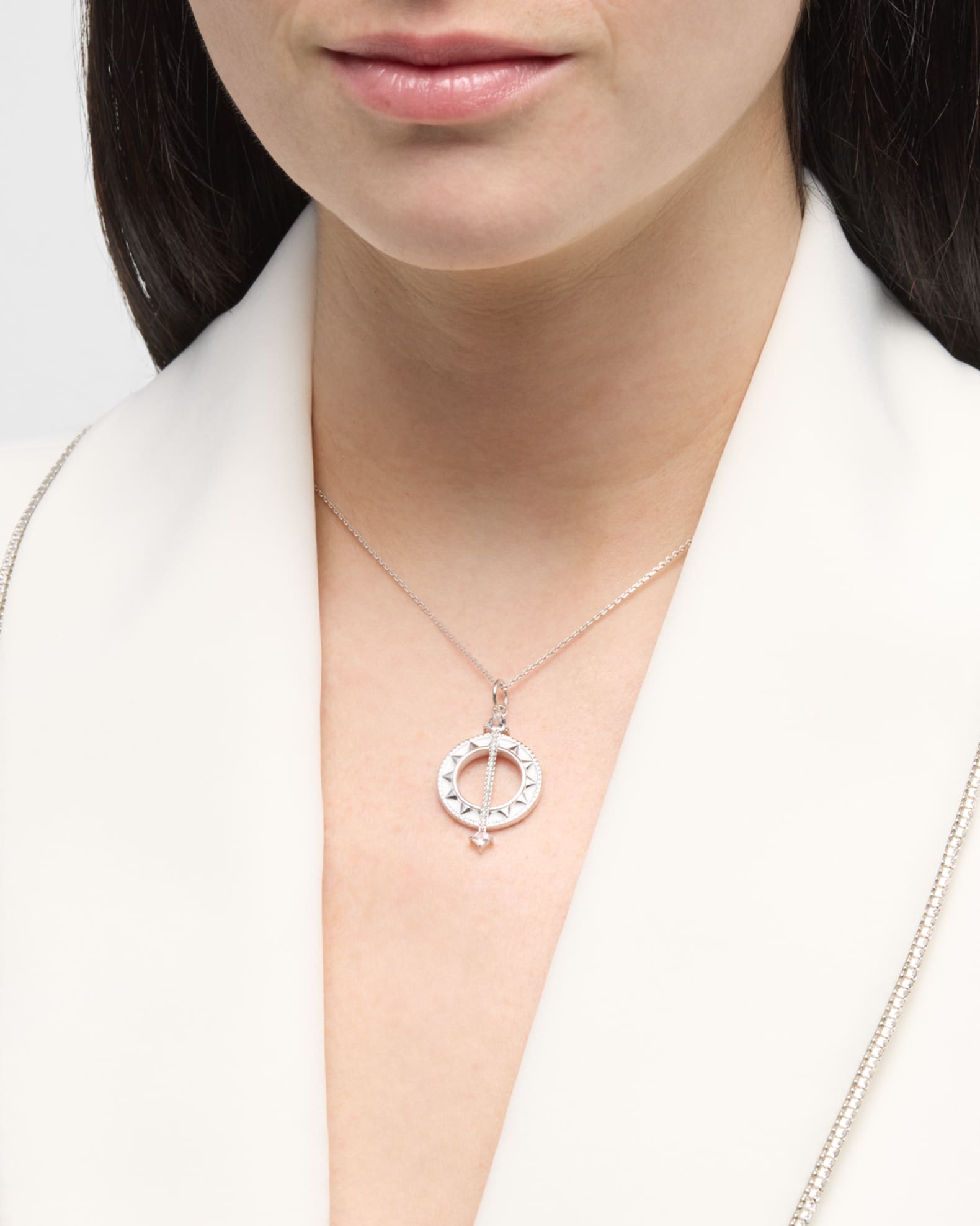 Sterling Silver Sundial Charm Necklace with White Enamel  1