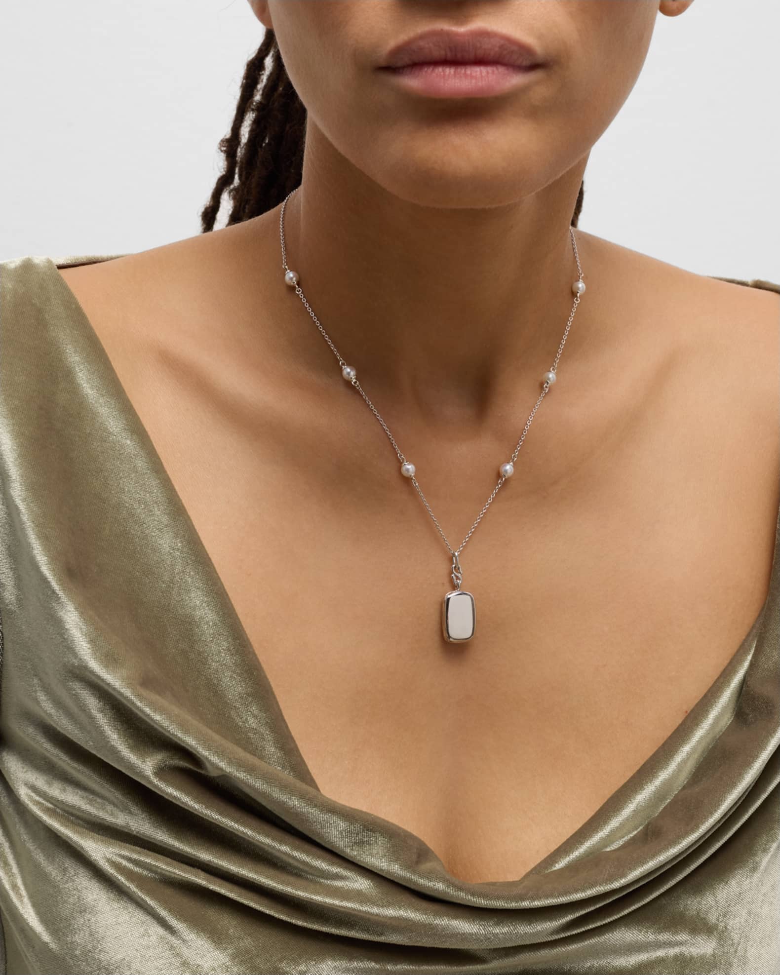 Sterling Silver Britt Slim Locket Pearl Chain Necklace  1
