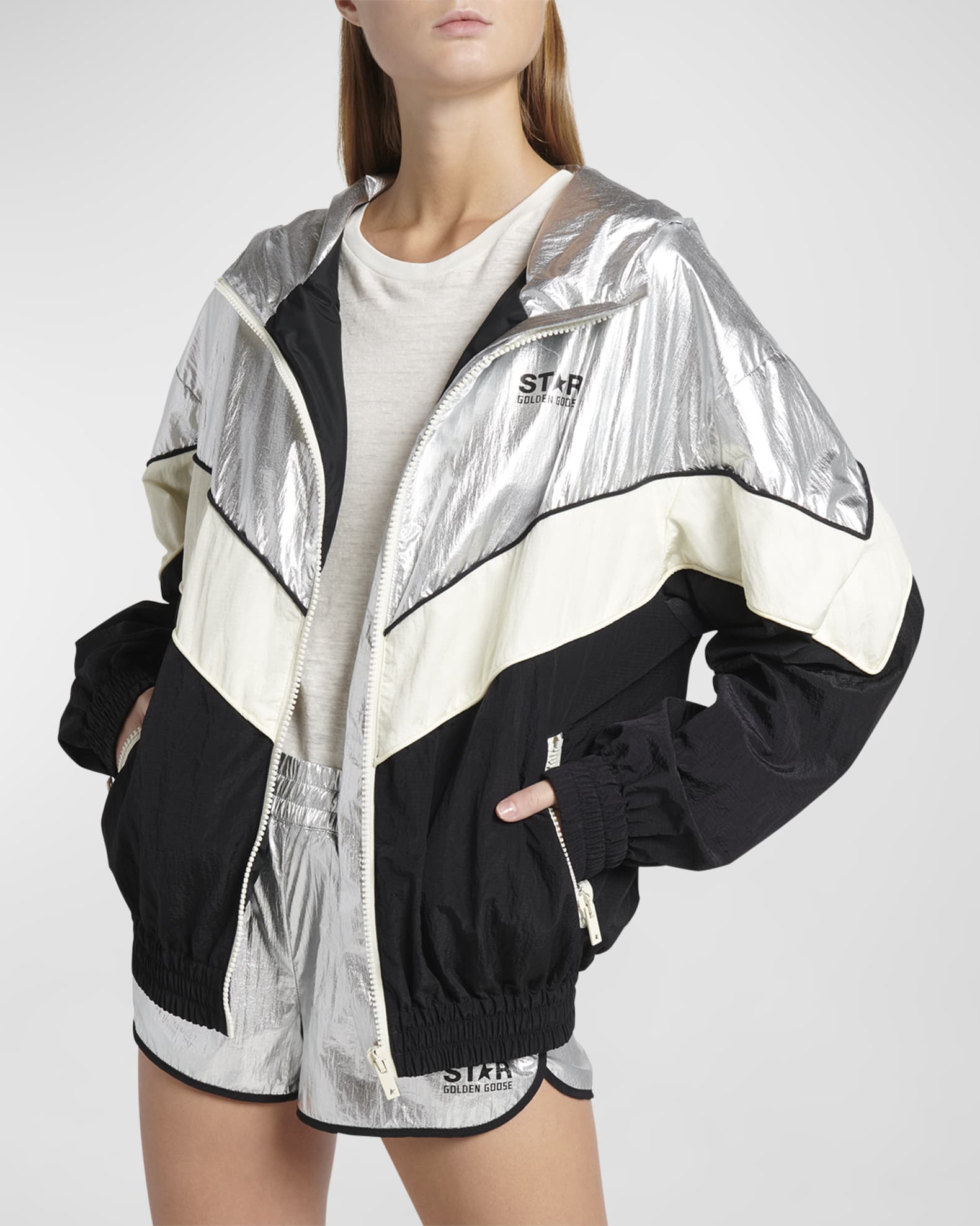 【ゴールデングース】 PATCHWORK WINDBREAKER Golden Goose Star Metallic Patchwork Windbreaker | Neiman Marcus