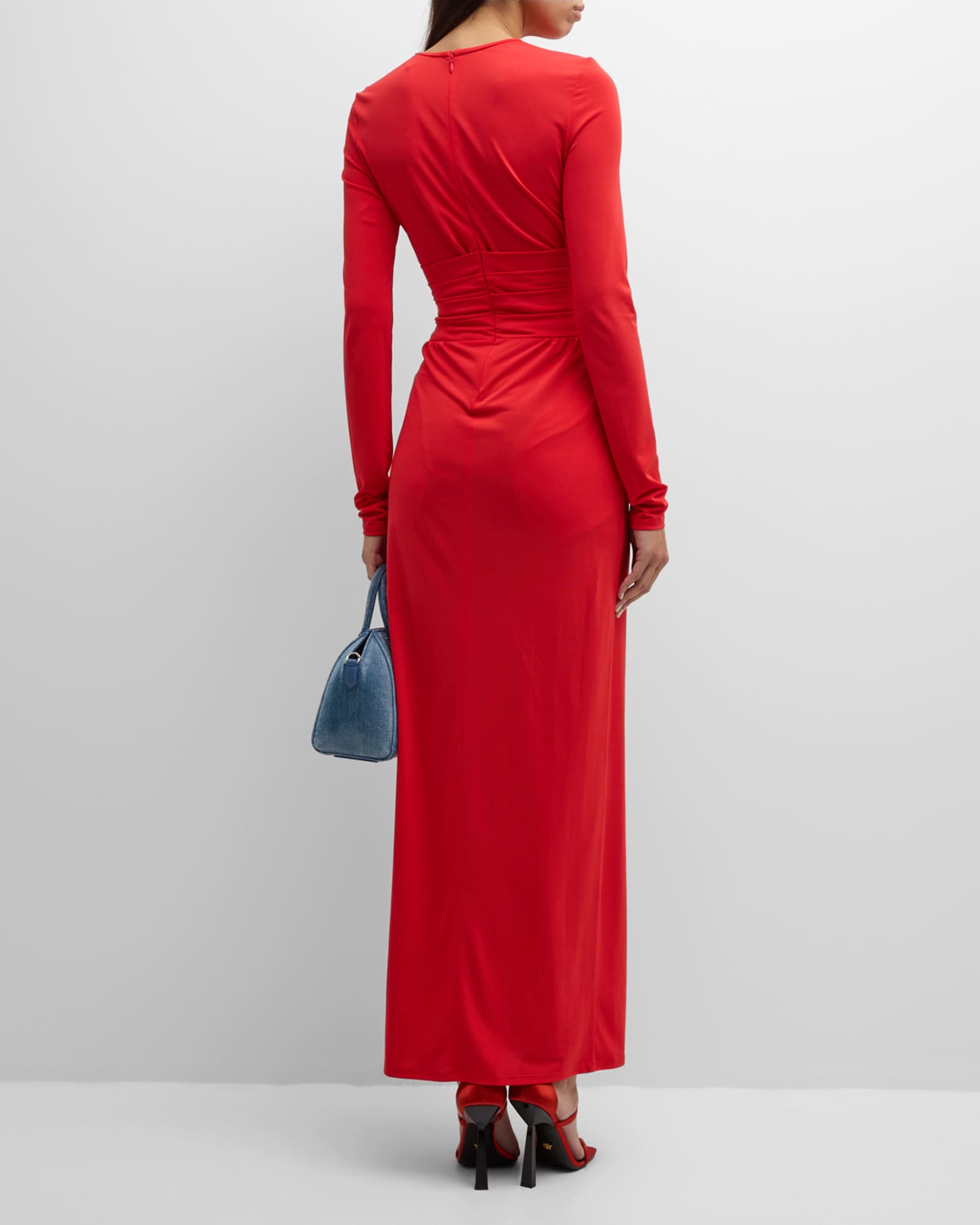 Emporio Armani Pleated Long-Sleeve Jersey Column Gown | Neiman Marcus
