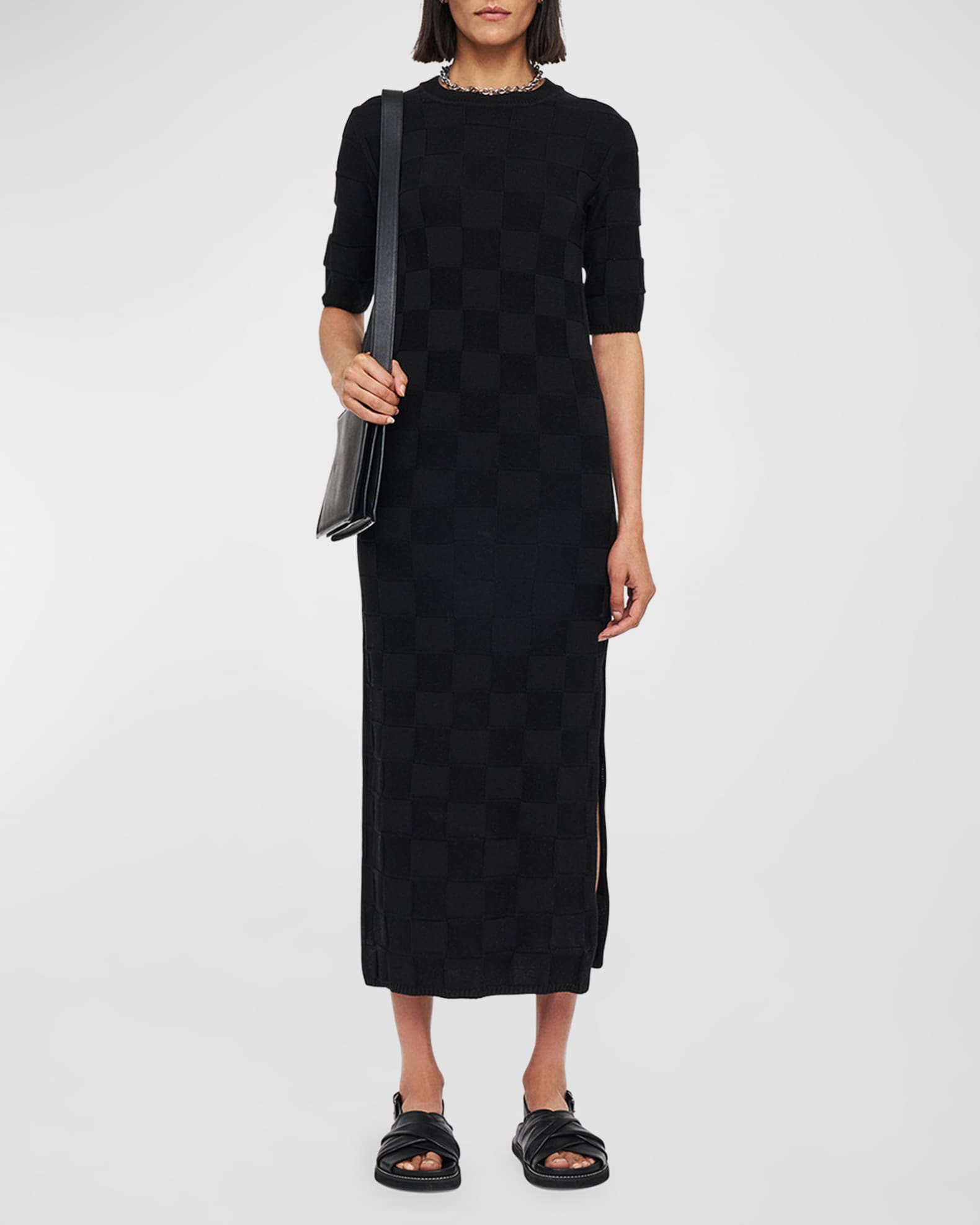 Side Slit Vichy Knit Midi Sweater Dress