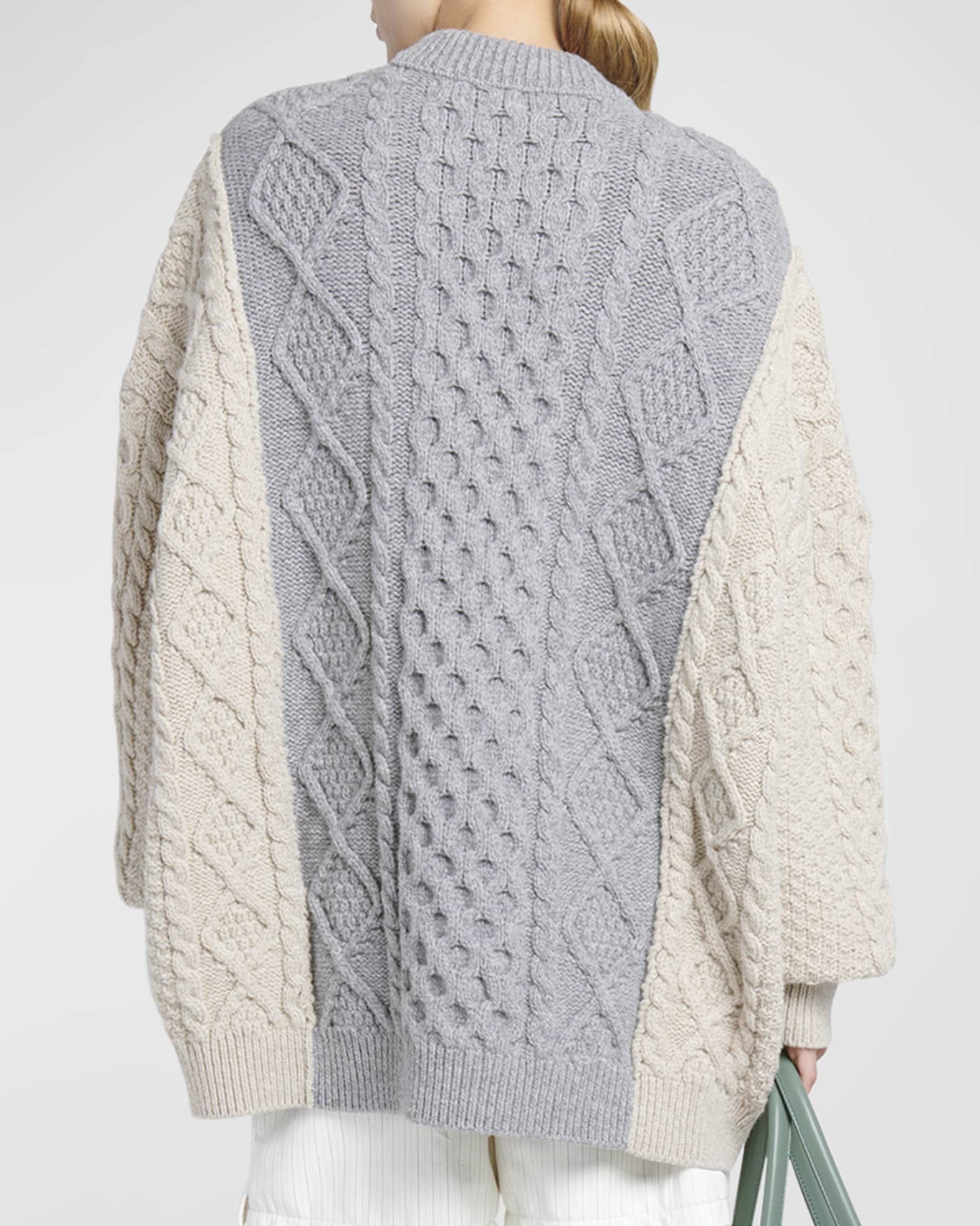 Bottega Veneta Aran Patchwork Cable-Knit Crewneck Sweater | Neiman