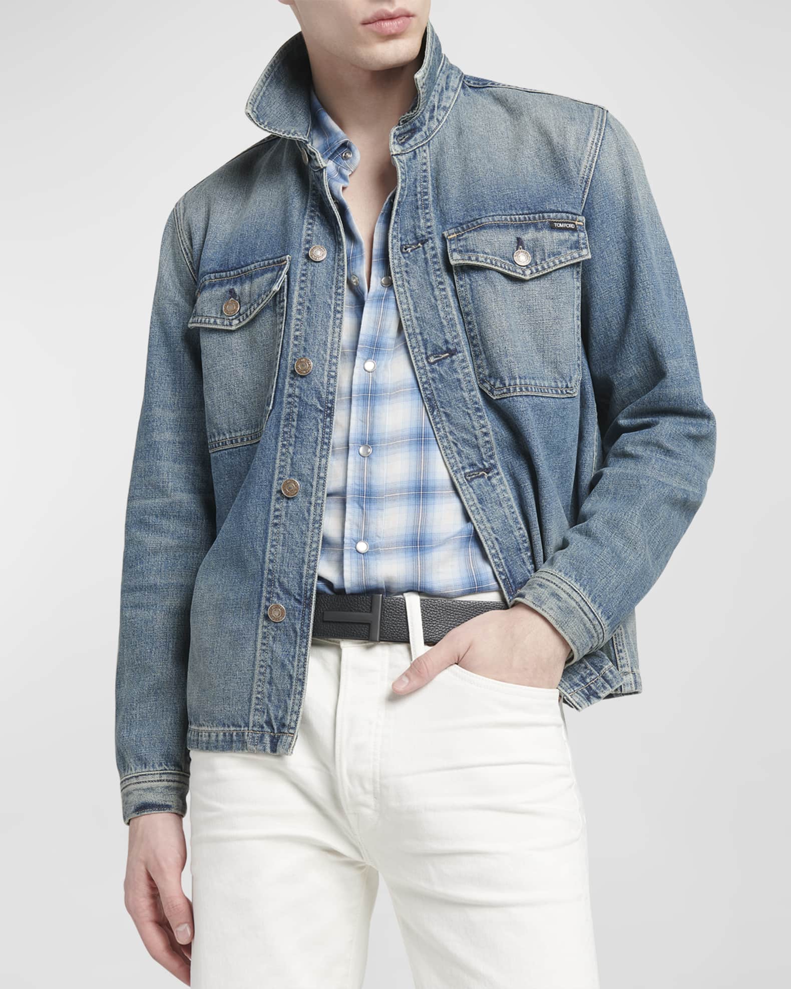 Denim shirt with leather jacket sale