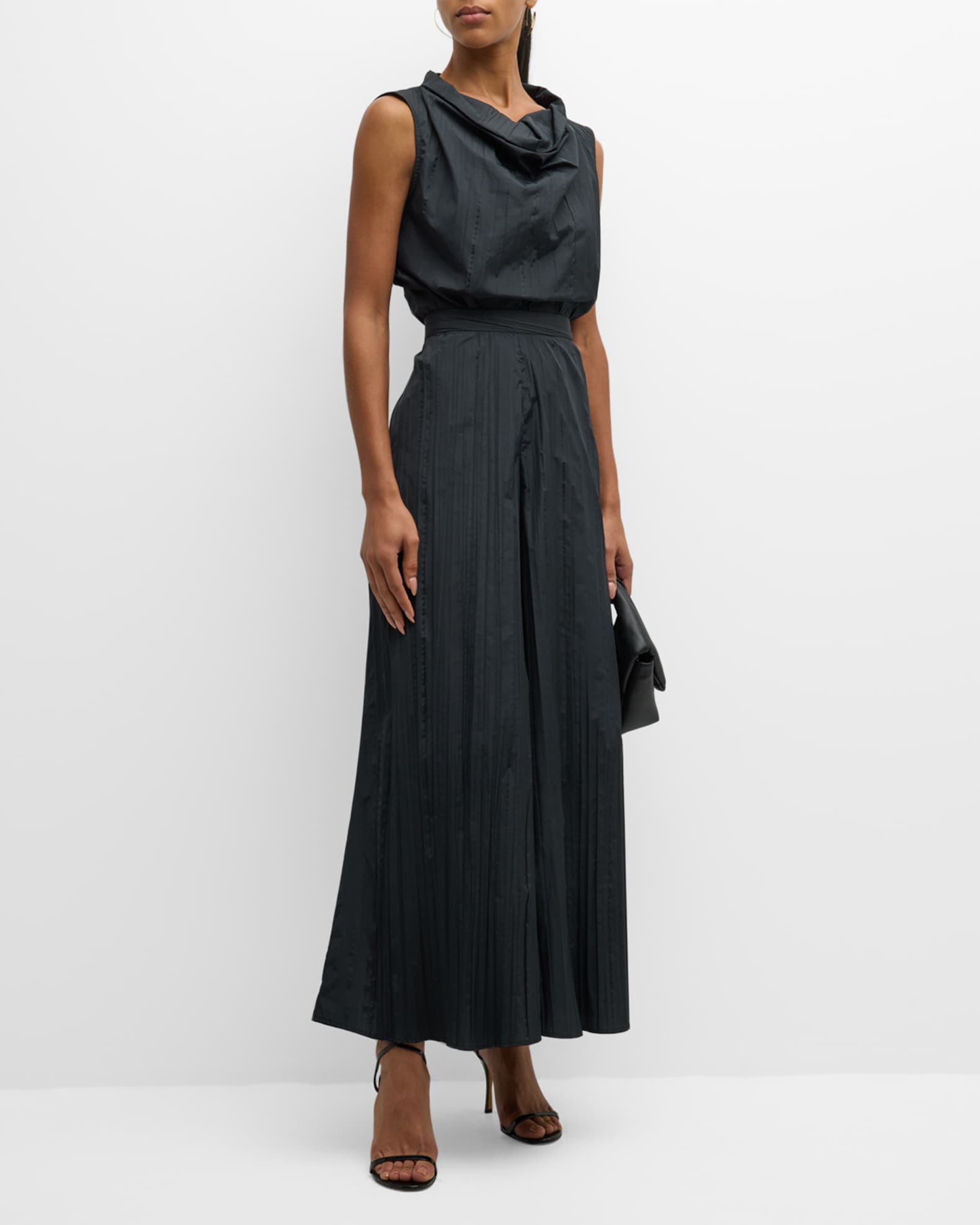 Sleeveless Funnel-Neck Pleated Taffeta Top 1