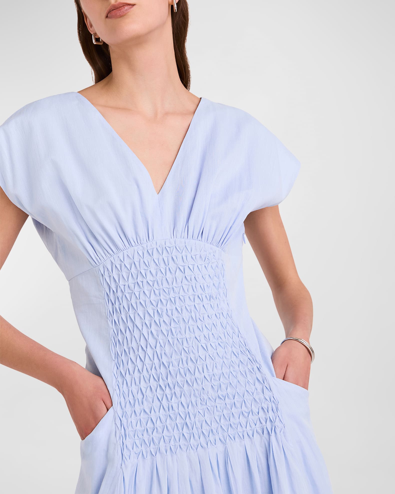 Merlette Pierrot Smocked Cotton Chambray Midi Dress | Neiman Marcus