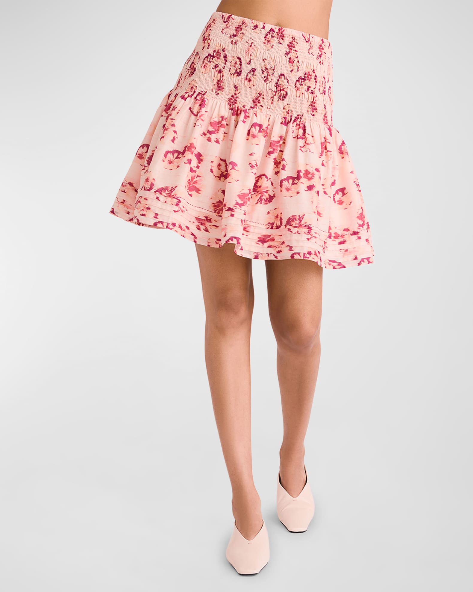 Duras Smocked Floral-Print Mini Skirt 0