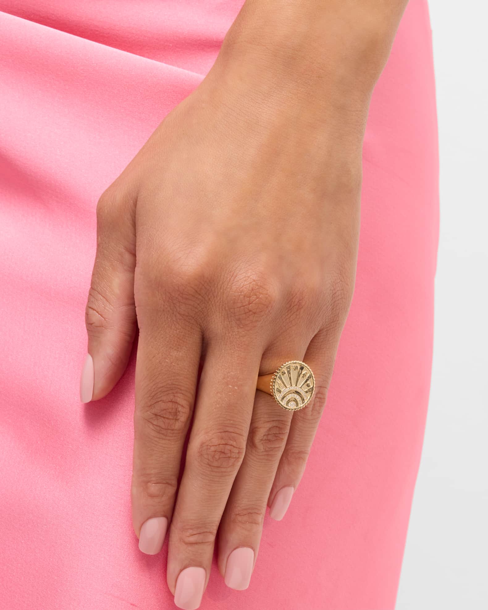14K Yellow Gold Small Pave Diamond Luck Coin with Rays Ring 1