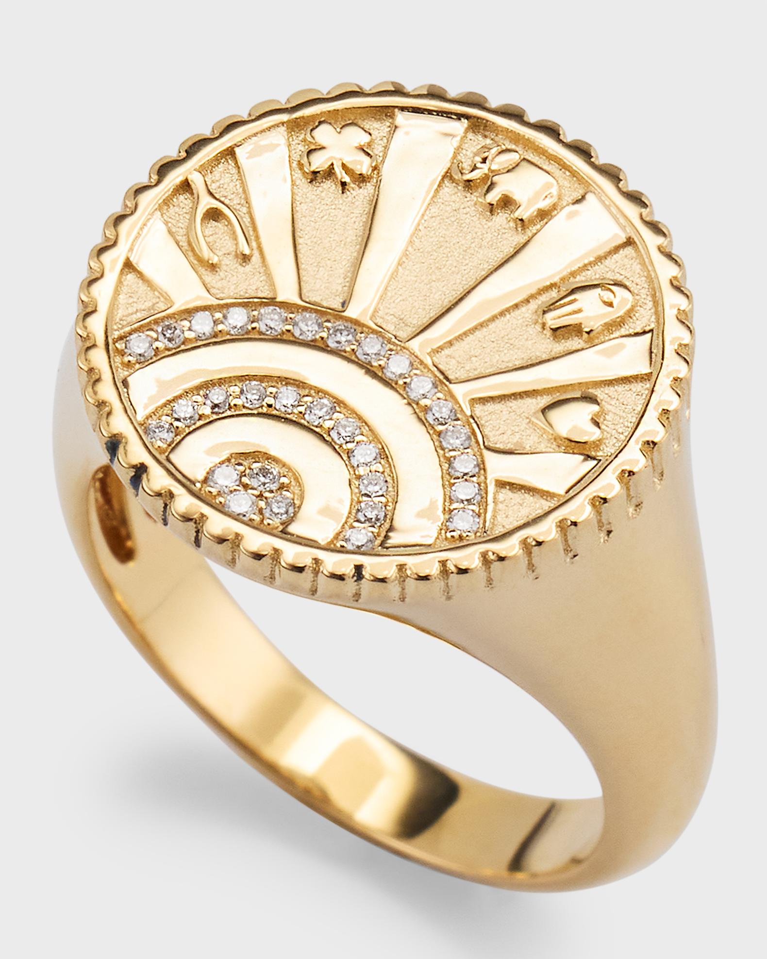 Sydney Evan 14K Yellow Gold Small Pave Diamond Luck Coin with Rays Ring ...