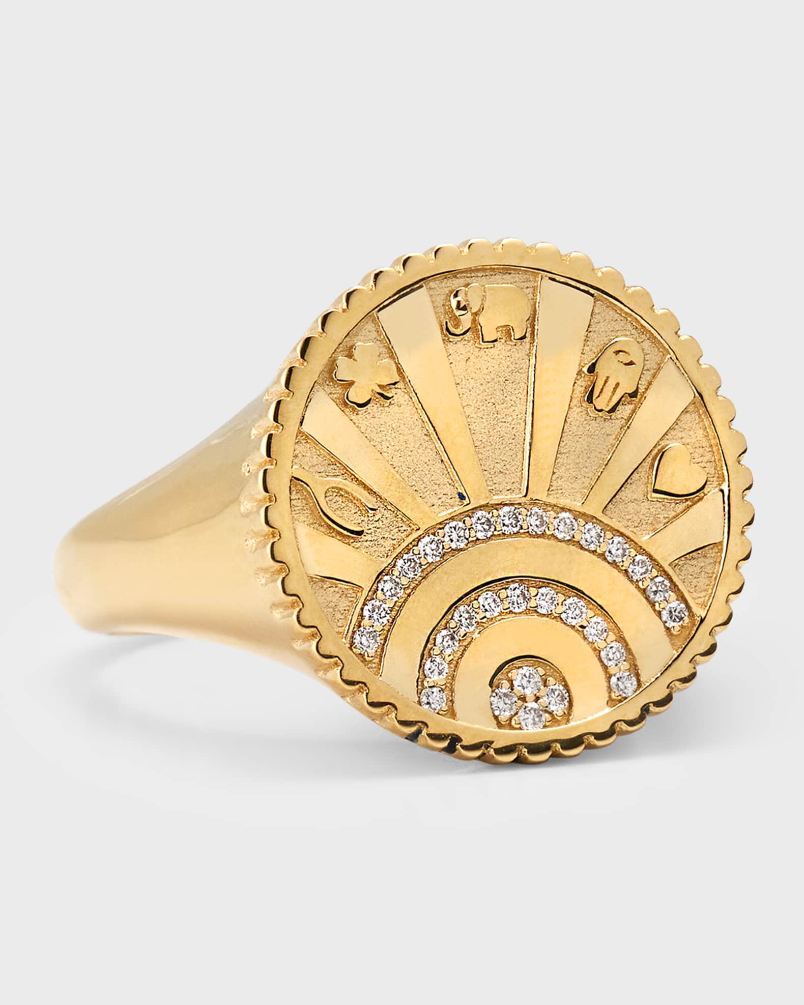 14K Yellow Gold Small Pave Diamond Luck Coin with Rays Ring 0