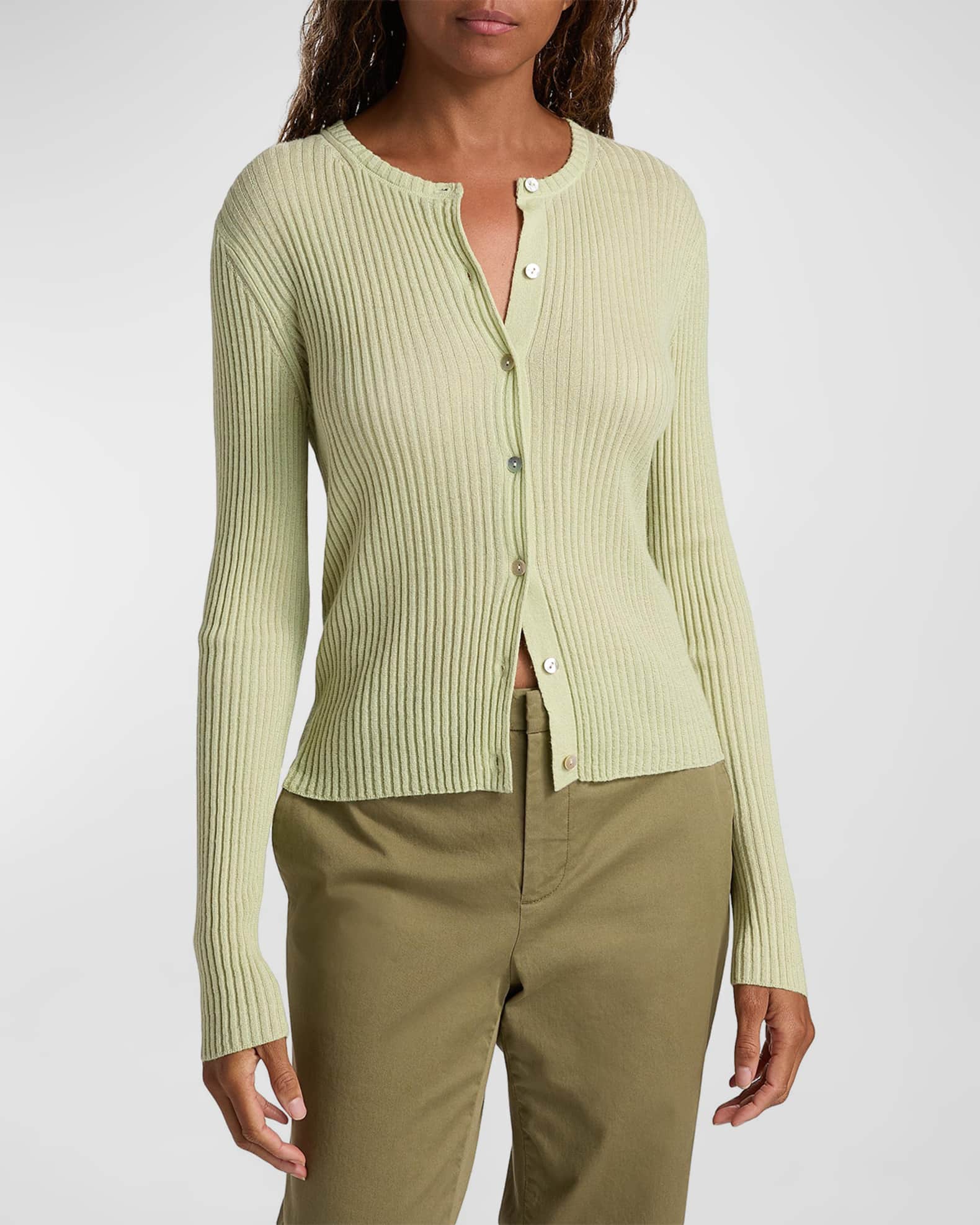 Vince Ribbed Cashmere and Silk Fitted Cardigan | Neiman Marcus