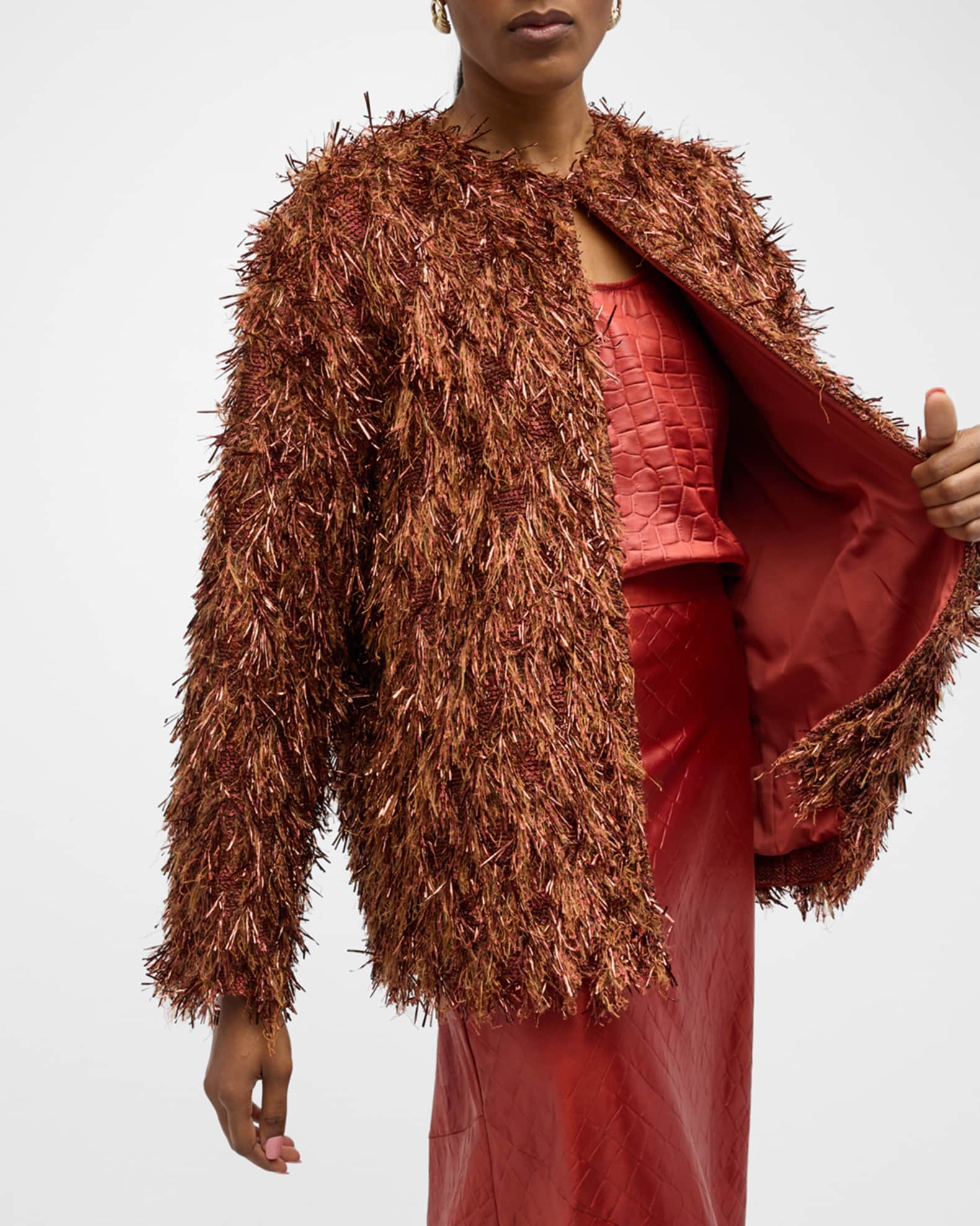 St. John Metallic Sequin FauxFur Fringe Knit Jacket Neiman Marcus