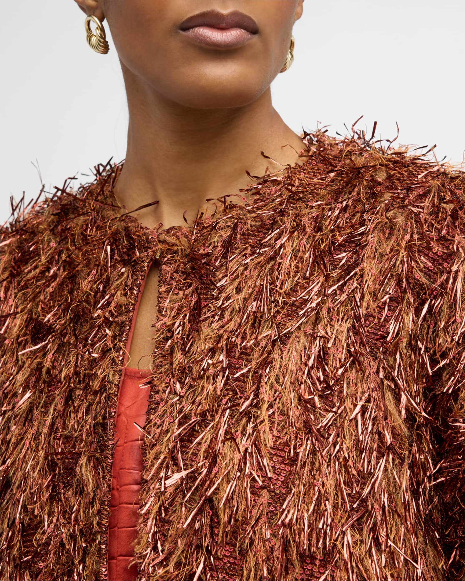 St. John Metallic Sequin FauxFur Fringe Knit Jacket Neiman Marcus