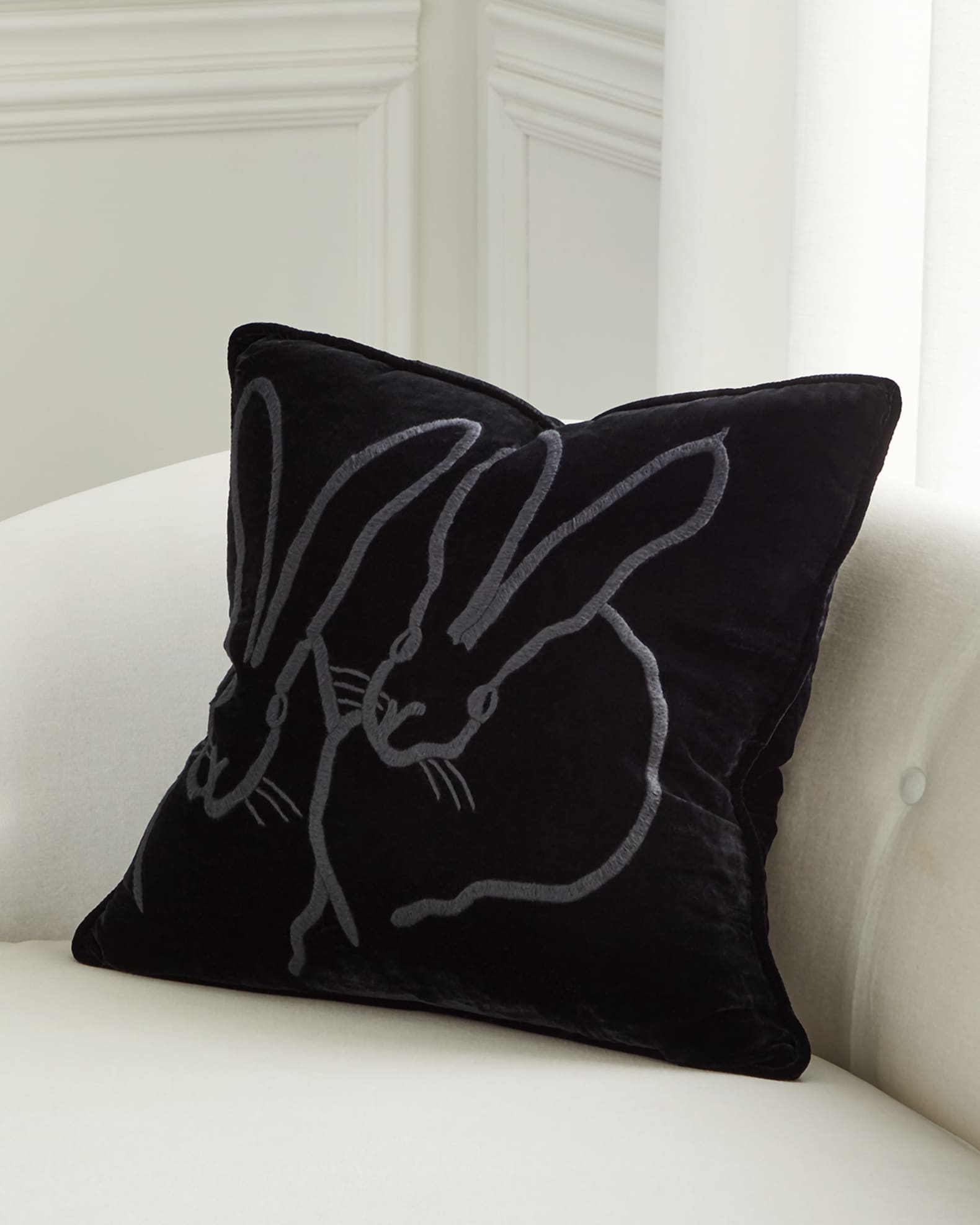 Hunt Slonem Hand-Embroidered Velvet Bunny Pillow, Black