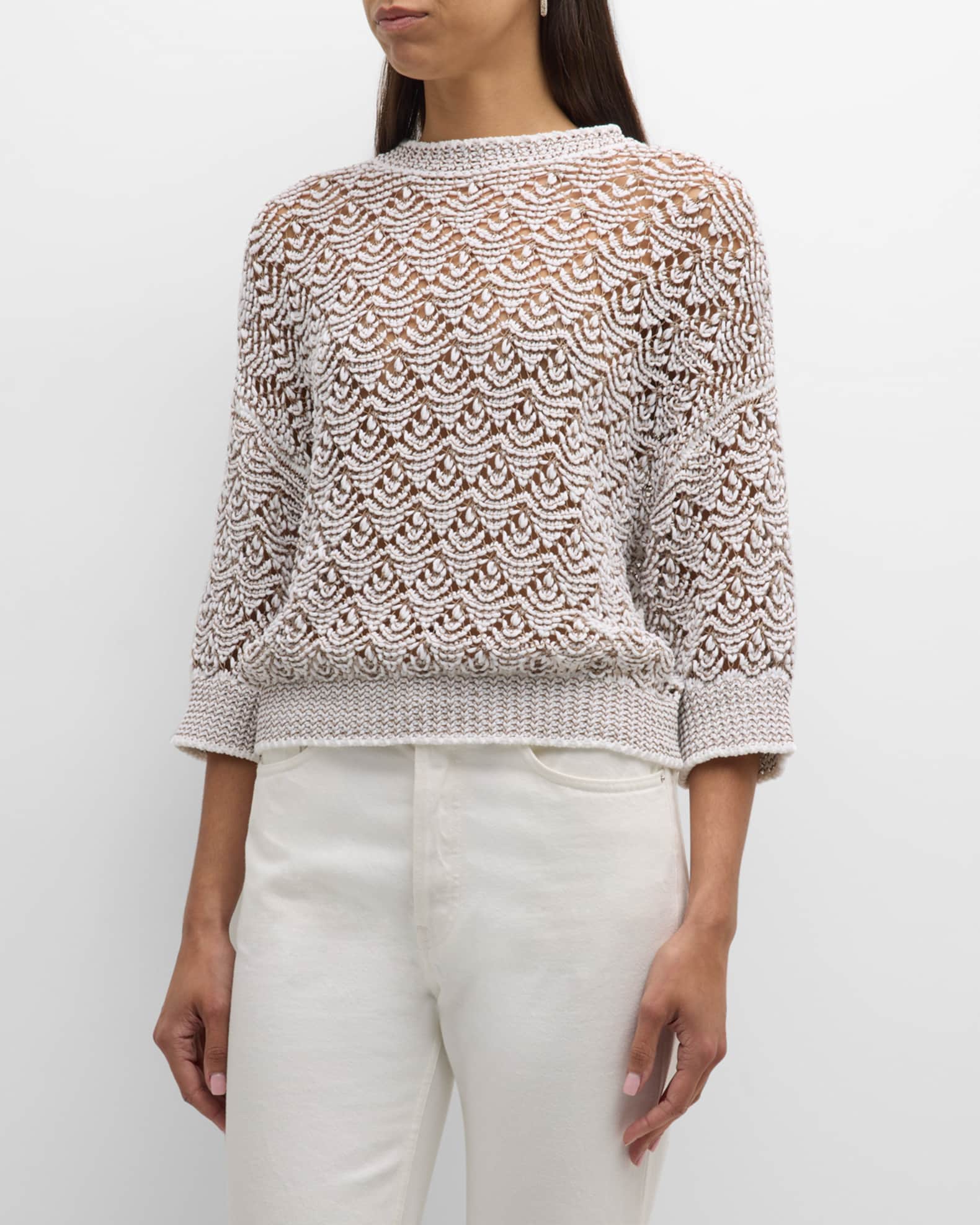 Peserico Open-Stitch 3/4-Sleeve Sweater | Neiman Marcus