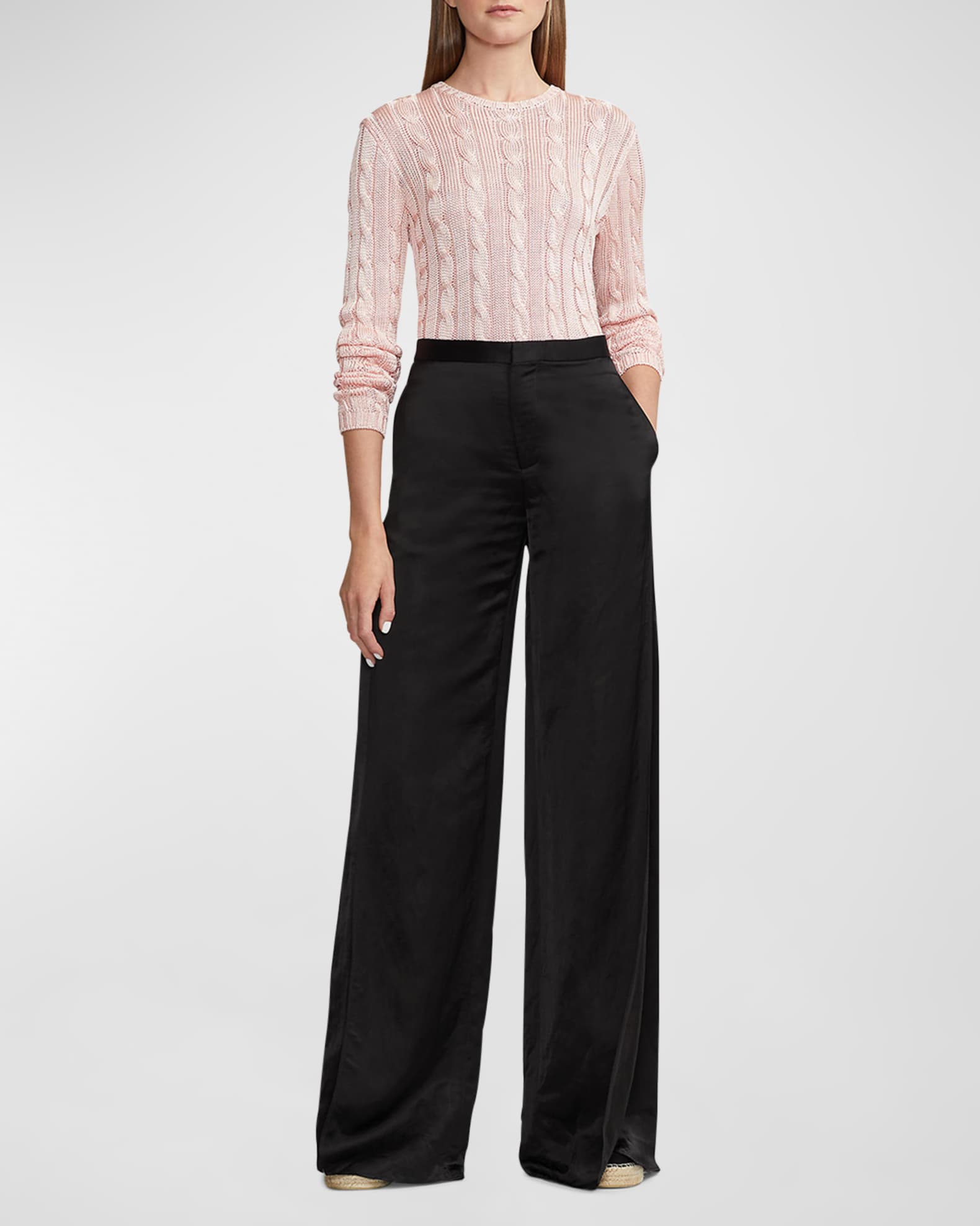 Ralph Lauren Collection Cable High-Shine Silk Sweater, Pink | Neiman Marcus