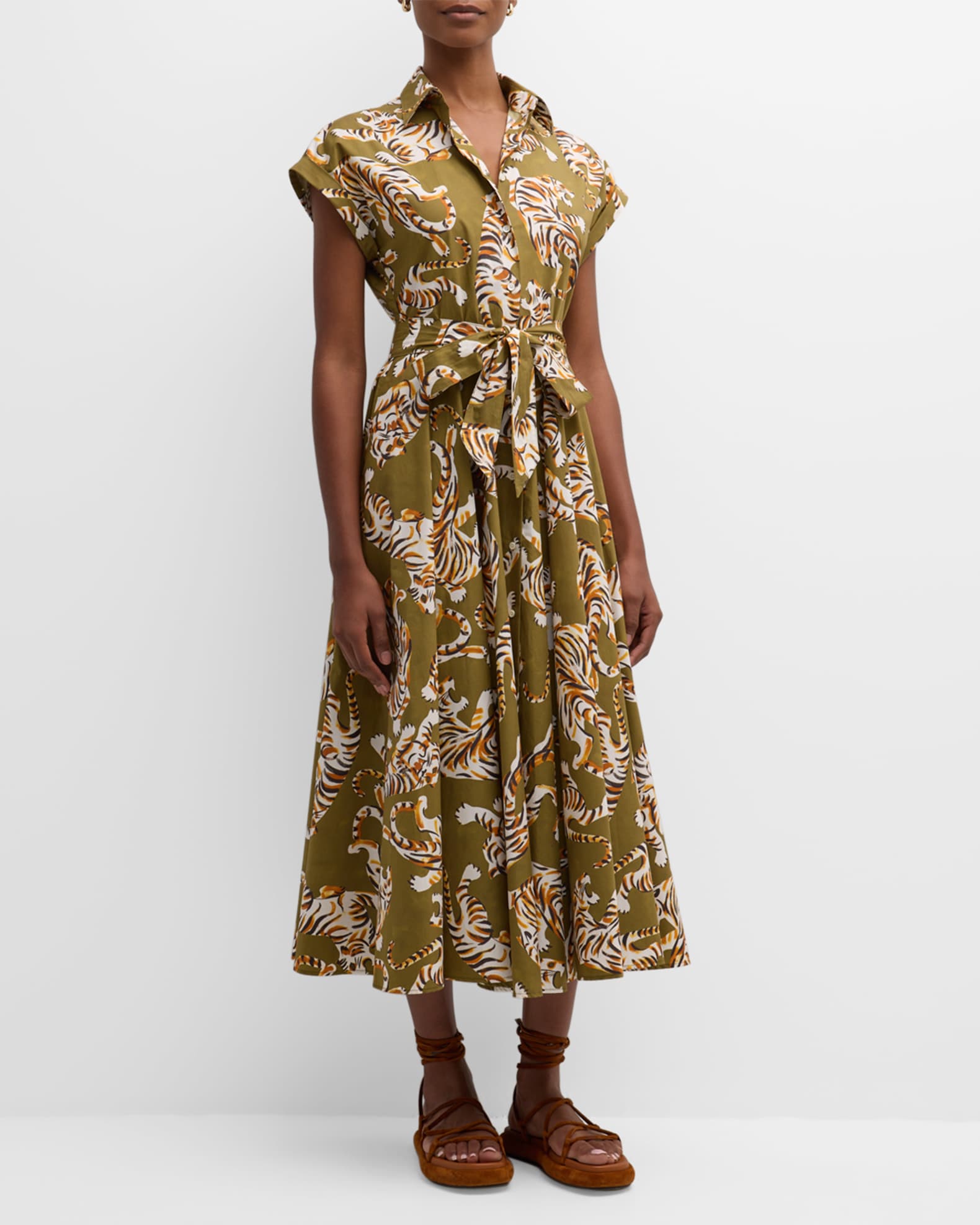 Sara Roka Danielle Cap-Sleeve Tiger-Print Midi Shirtdress | Neiman Marcus