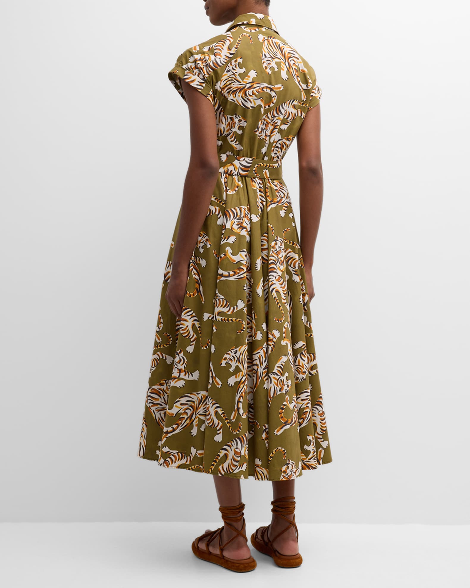Sara Roka Danielle Cap-Sleeve Tiger-Print Midi Shirtdress | Neiman Marcus