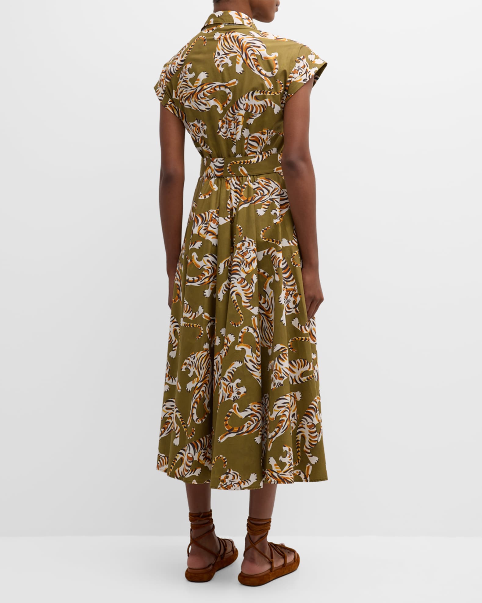 Sara Roka Danielle Cap-Sleeve Tiger-Print Midi Shirtdress | Neiman Marcus