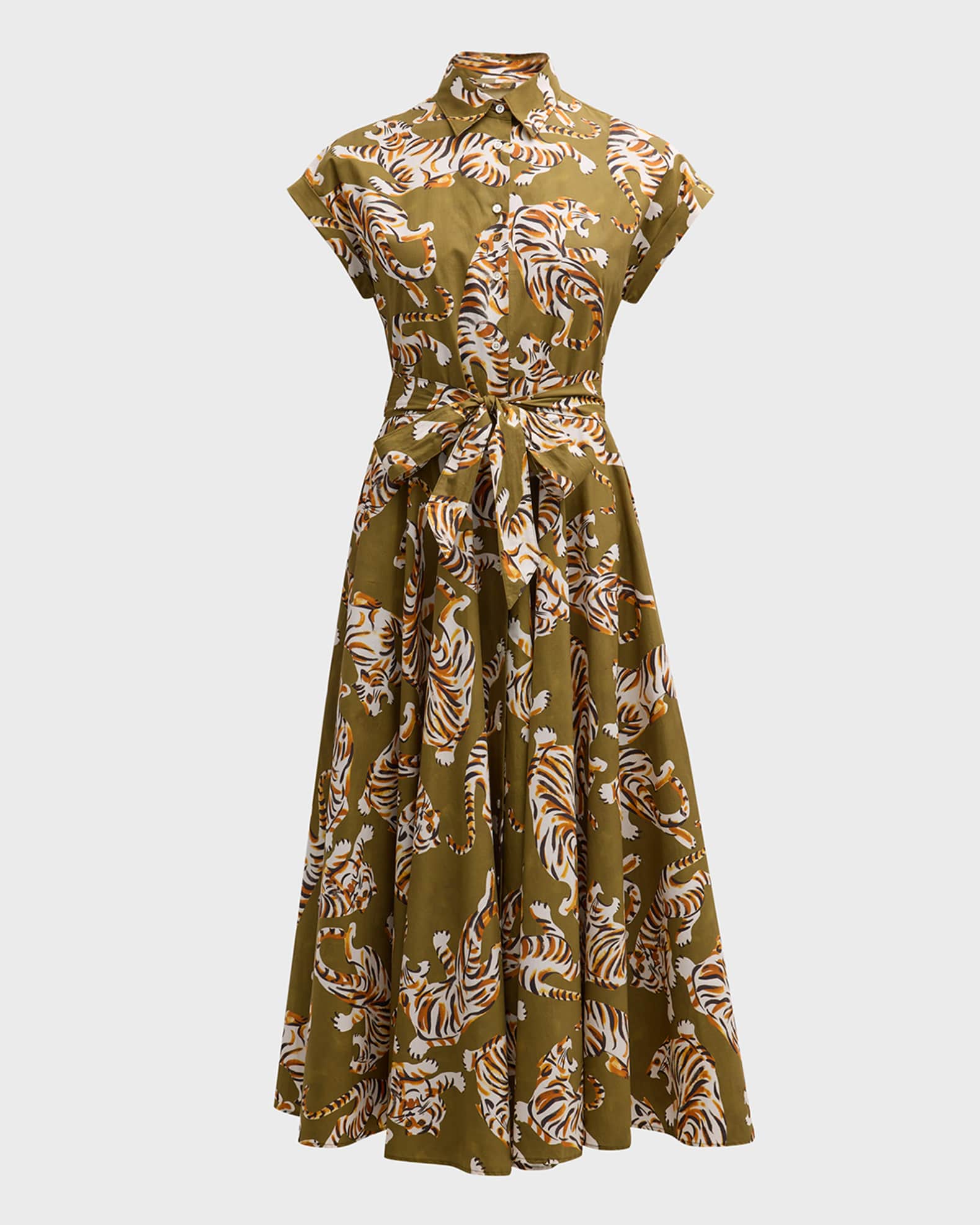 Sara Roka Danielle Cap-Sleeve Tiger-Print Midi Shirtdress | Neiman Marcus