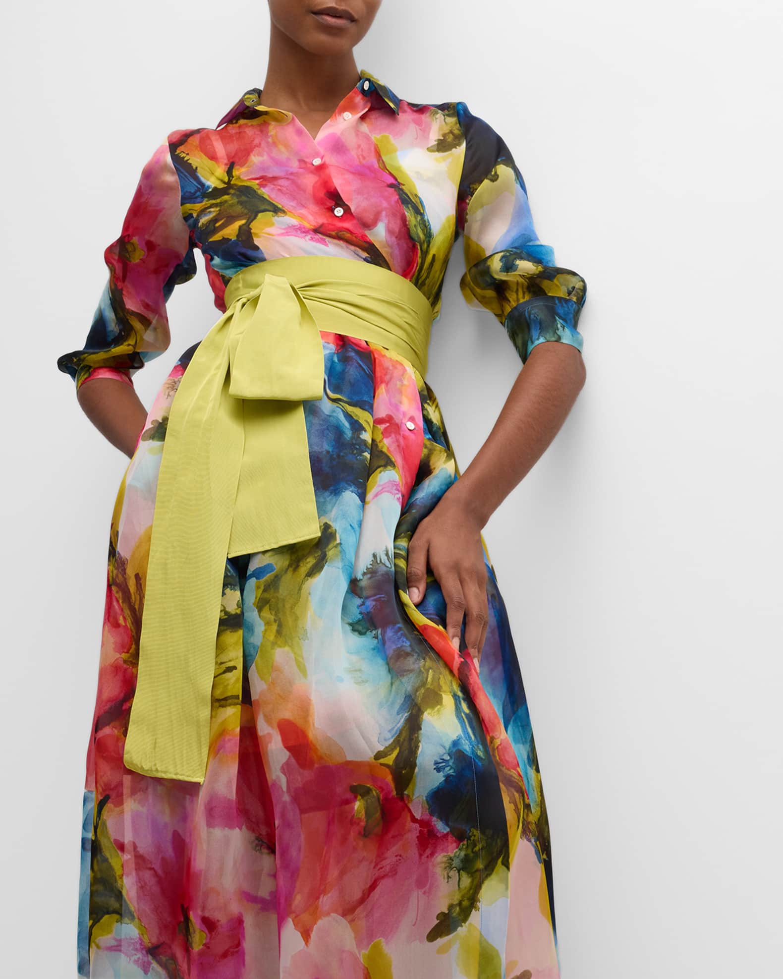 Sara Roka Elenat Belted Watercolor-Print Shirt Gown | Neiman Marcus