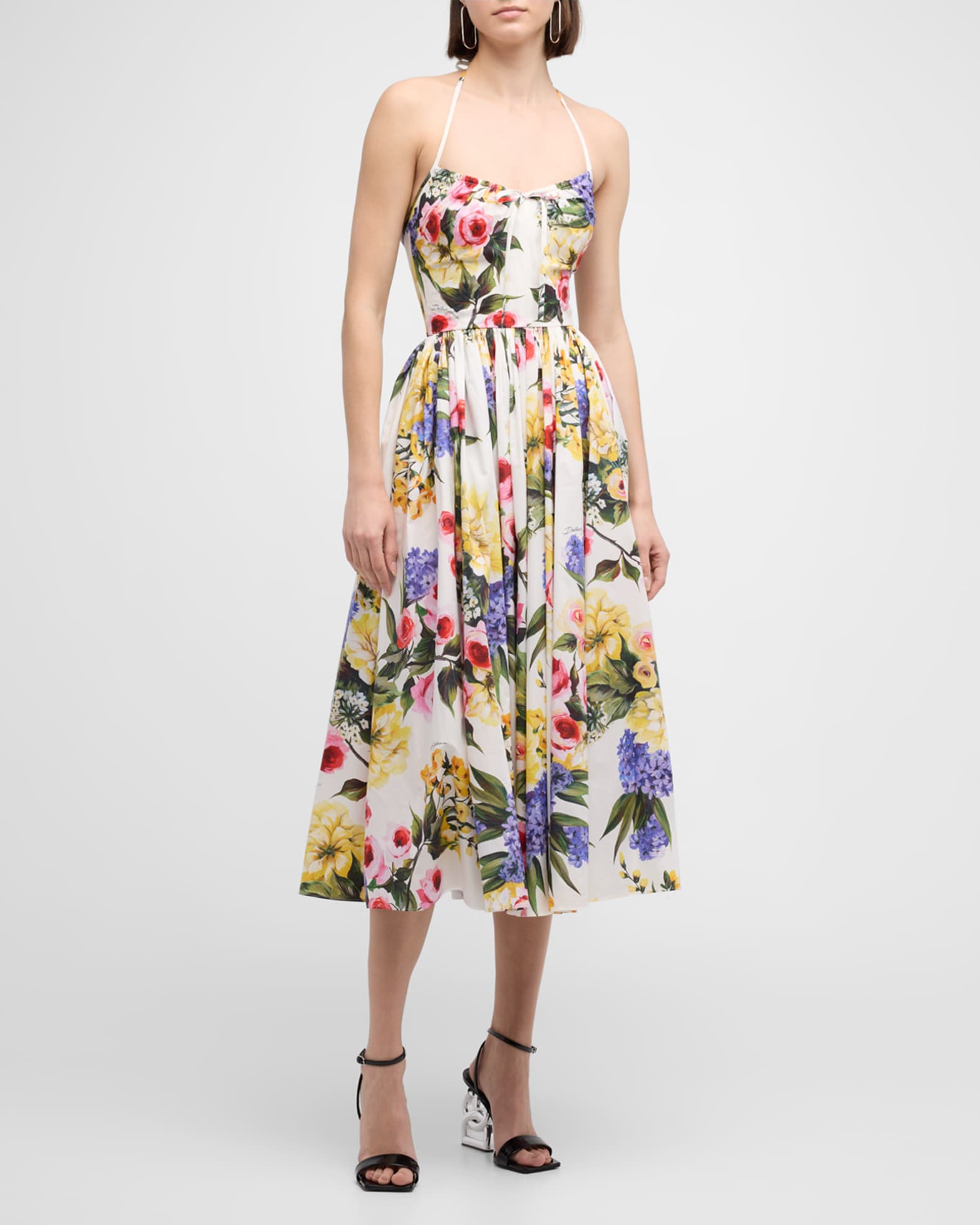 Dolce&Gabbana Floral Print Poplin Halter Midi Dress | Neiman Marcus