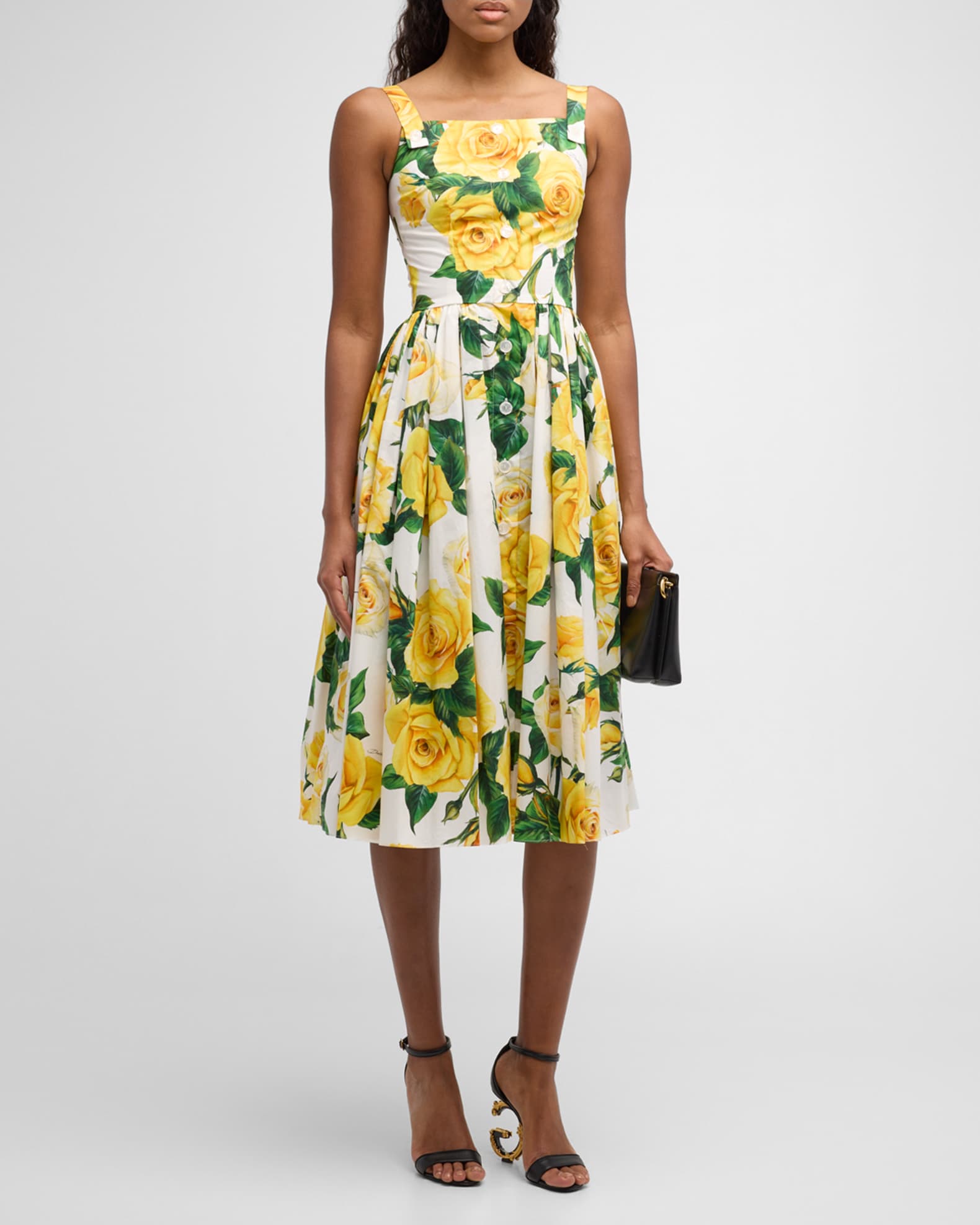 Dolce&Gabbana Yellow Rose Floral Print Poplin Midi Dress Neiman Marcus