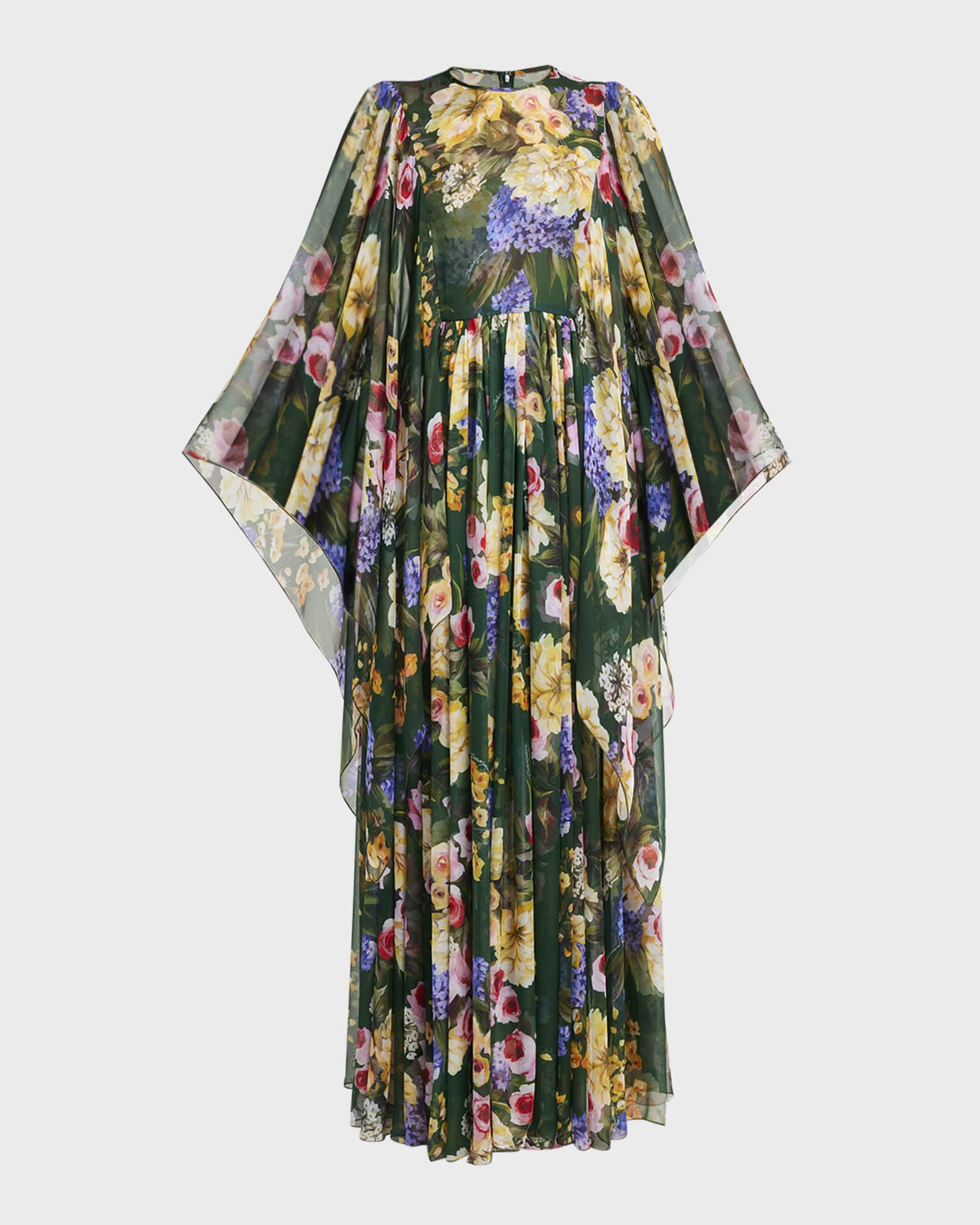 Dolce&Gabbana Floral Print Chiffon Gown with Cape Sleeves | Neiman Marcus