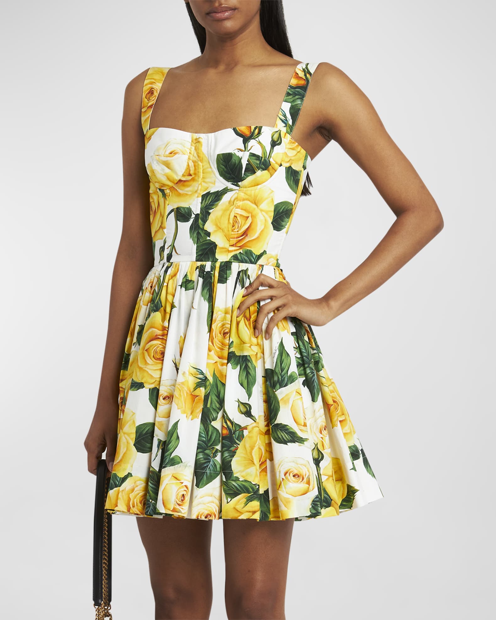 Yellow Rose Floral Print Mini Dress with Corsetry Construction